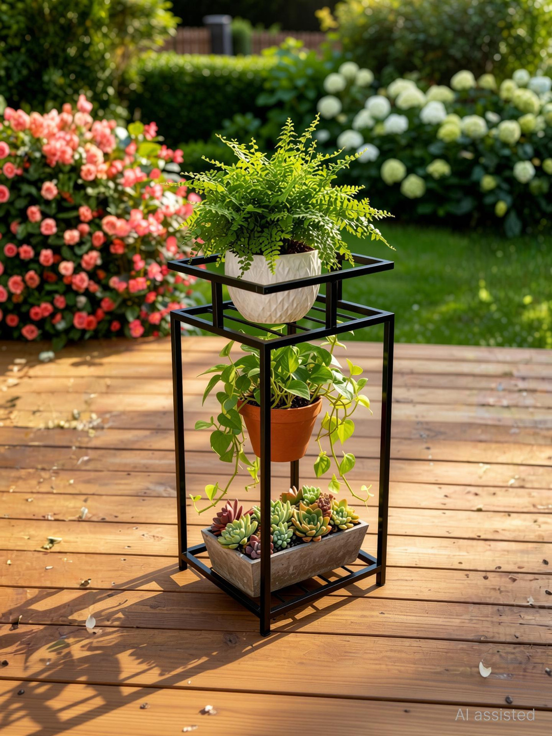 Image of Hs Retail Double Decker Metal Stand for Home & Garden | Outdoor Plant Stand Rack Plant Container Set