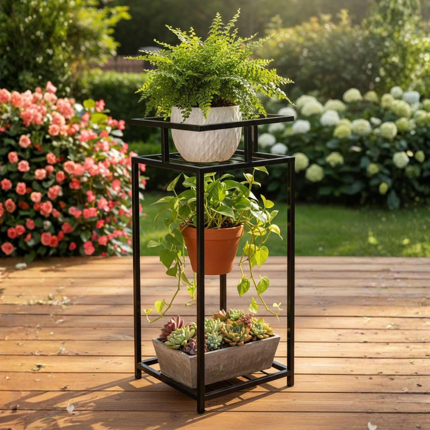 Image of Hs Retail Double Decker Metal Stand for Home & Garden | Outdoor Plant Stand Rack Plant Container Set