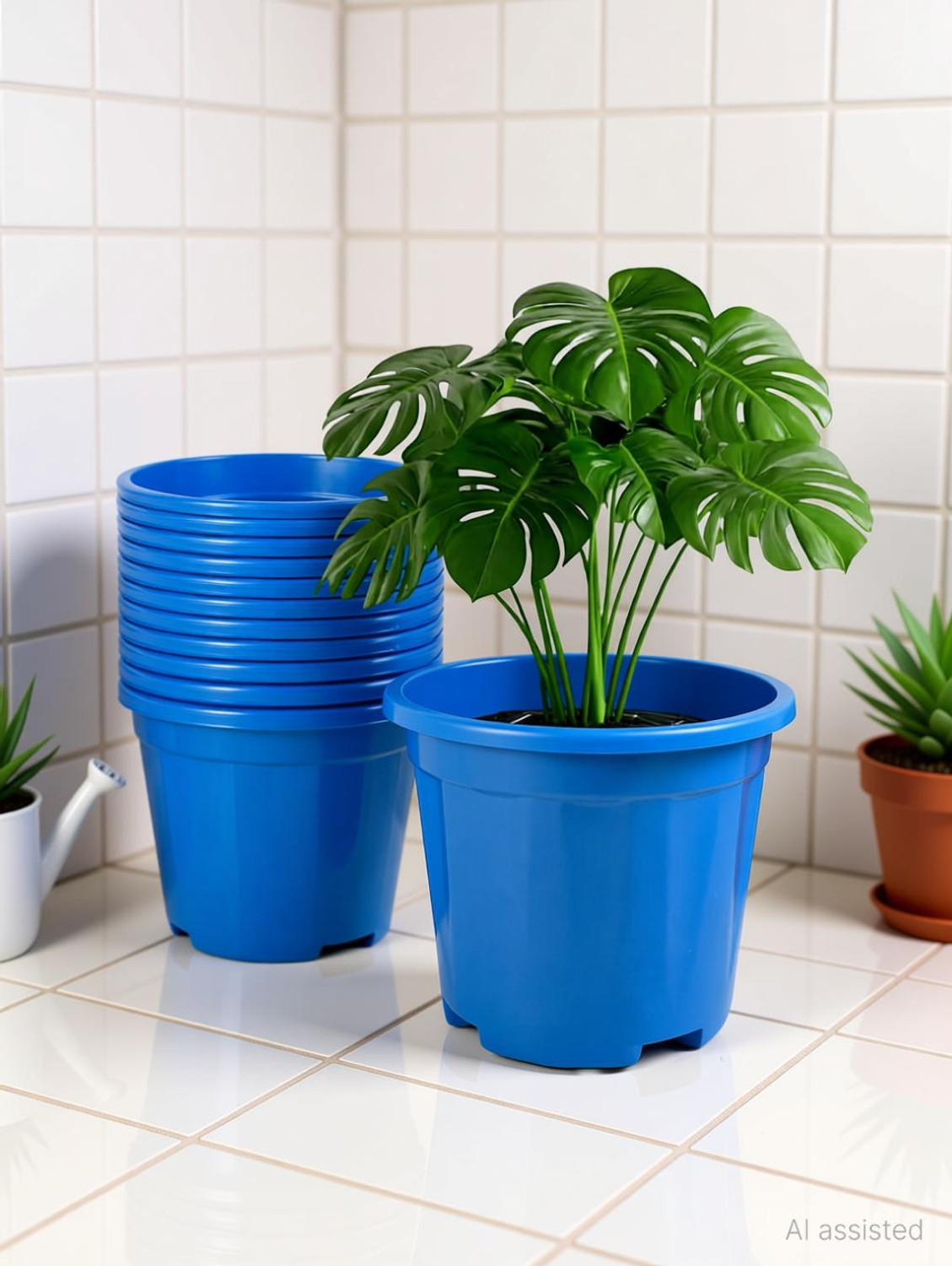 Image of YK PLASTICS Green Lagaci Plastic Plant Container Set, size 8 inch blue, premium quality Plant Container Set