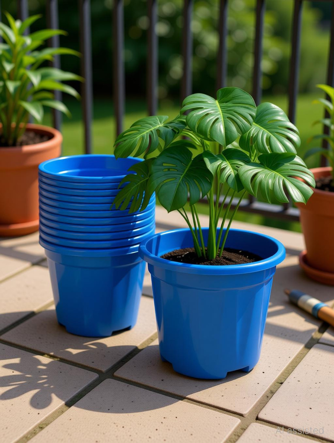 Image of YK PLASTICS Green Lagaci Plastic Plant Container Set, size 8 inch blue, premium quality Plant Container Set