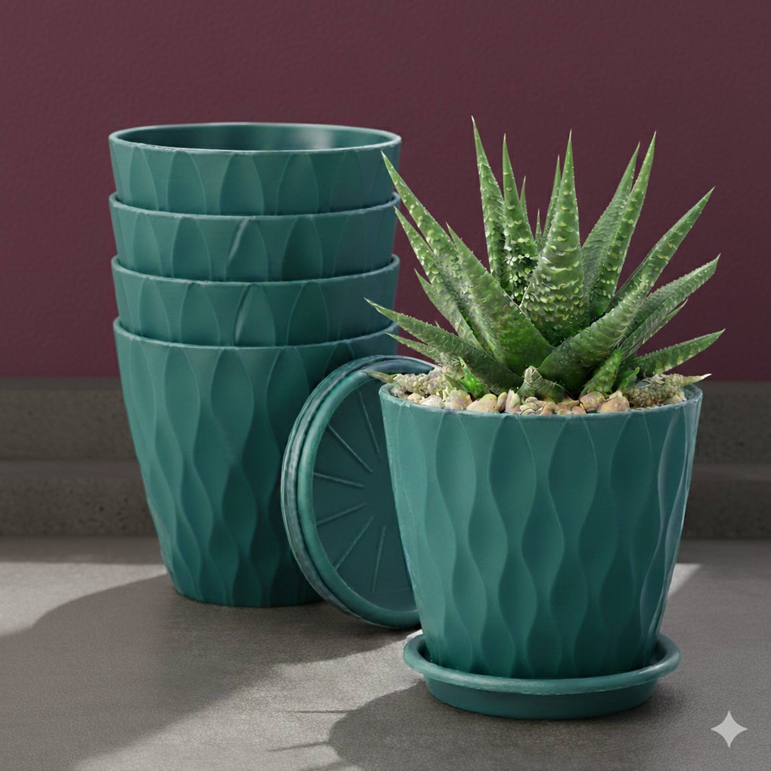 Athrvaplants Contemporary Ripple Finish Planter Set | Pack of 5 | 6.5 Inch | Teal Green Plant Container Set