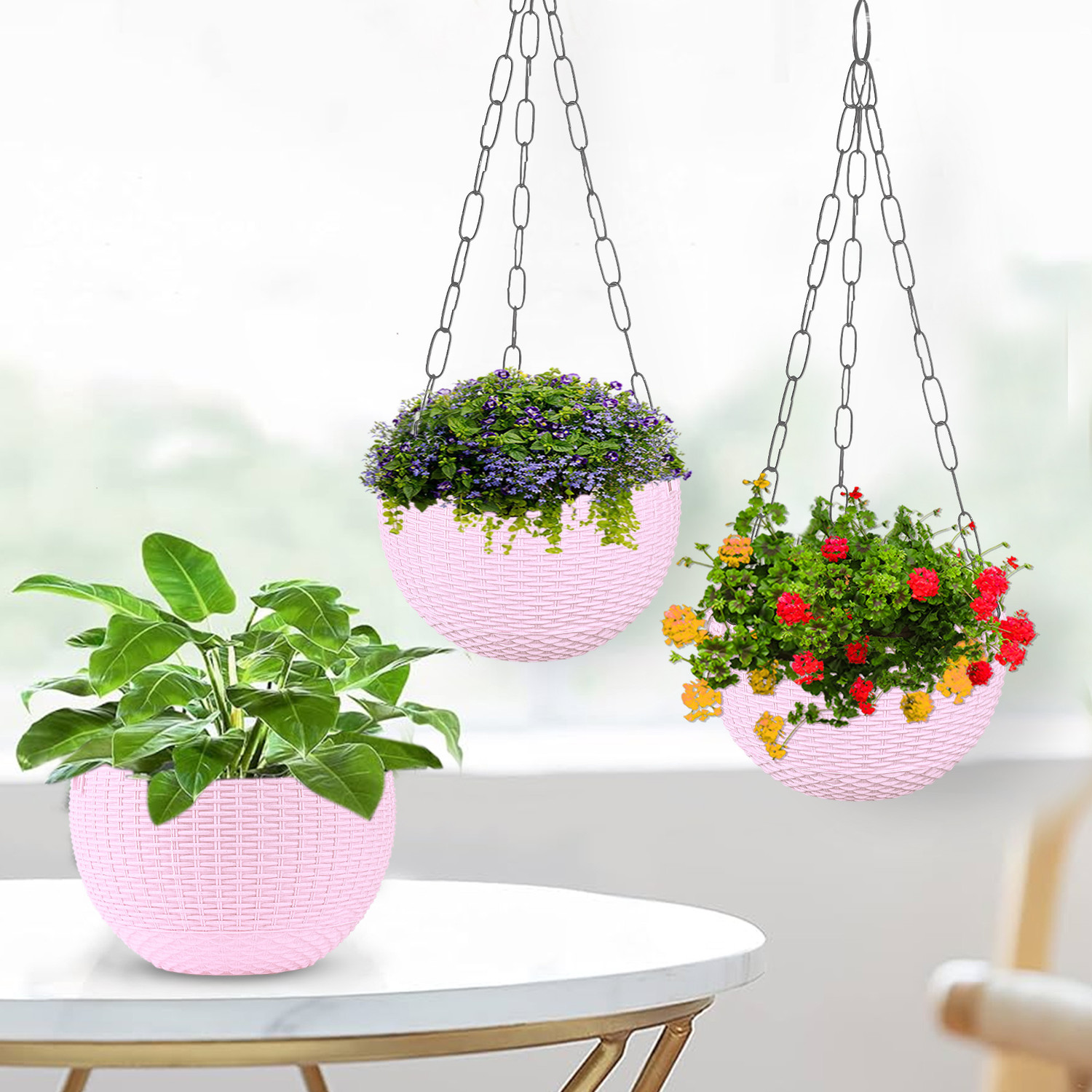 Image of KUBER INDUSTRIES Marble Euro Hanging Flower Pot for Home & Garden|7 Inch|Pack of 3|Pink Plant Container Set