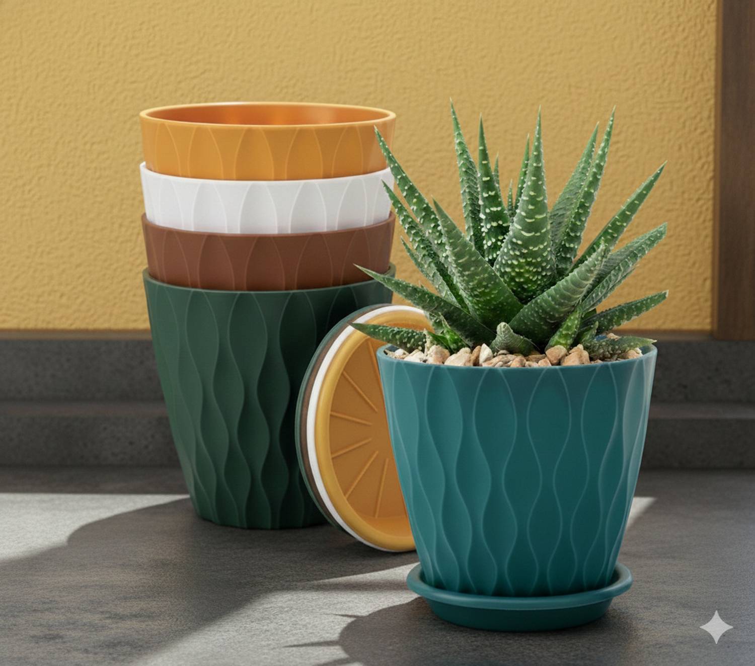 Athrvaplants 6.5 Inch | Multicolour | Round Garden Pot | Pack of 5 | With Tray Plant Container Set