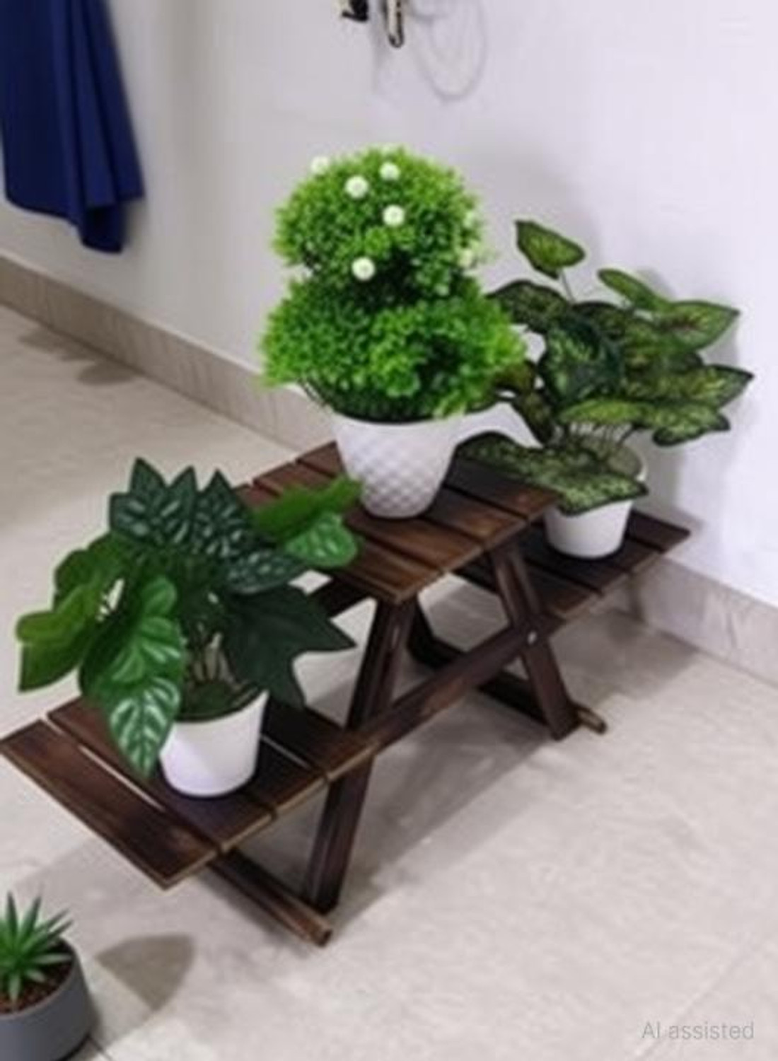 Image of Umar Enterprises Wooden Flower pot stand wood container & Vase stand pot stand wood 3 portion shelves flower pots stand Balcony flower pot stand Plant Container Set Plant Container Set
