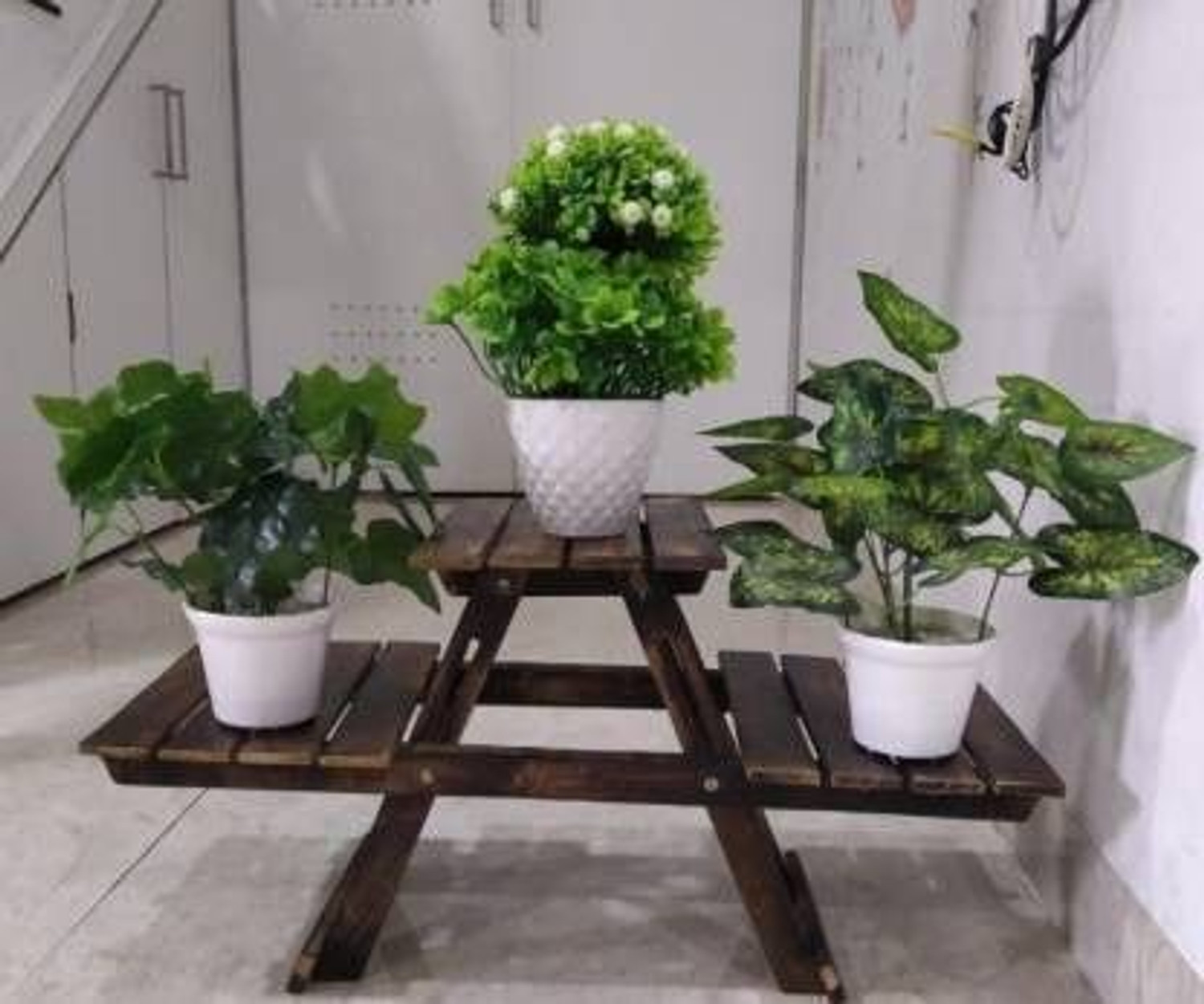 Image of Umar Enterprises Wooden Flower pot stand wood container & Vase stand pot stand wood 3 portion shelves flower pots stand Balcony flower pot stand Plant Container Set Plant Container Set