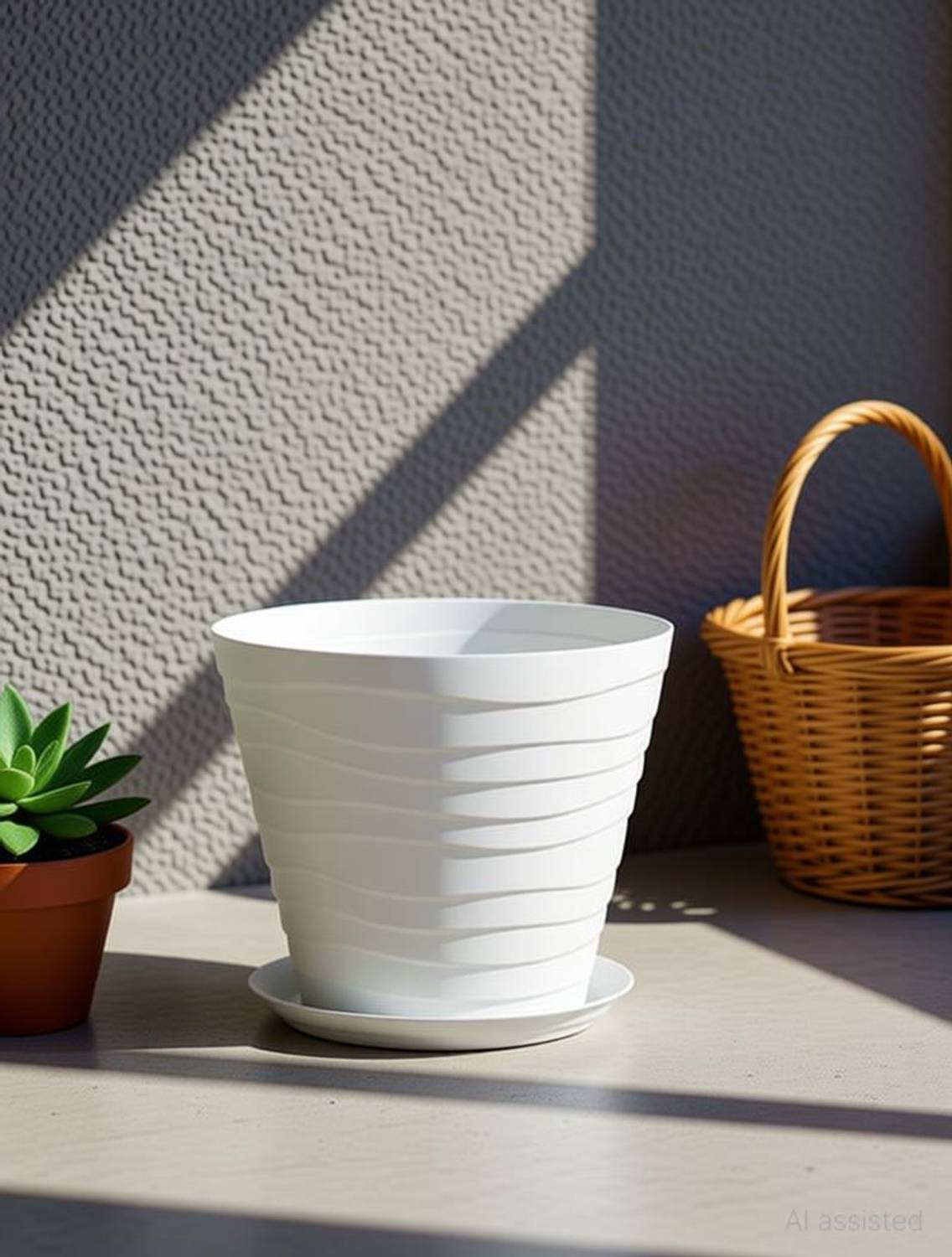 BGE Wave white plastic pots for plant set of 5 with bottom trays Plant Container Set