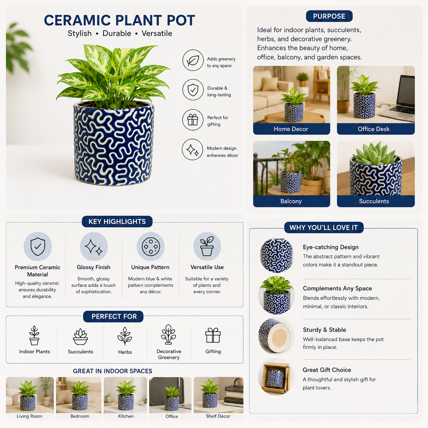 Image of Gupta Homes Blue RD 1 Pipe Ceramic Pot GH0022-01 Packof2 Plant Container Set