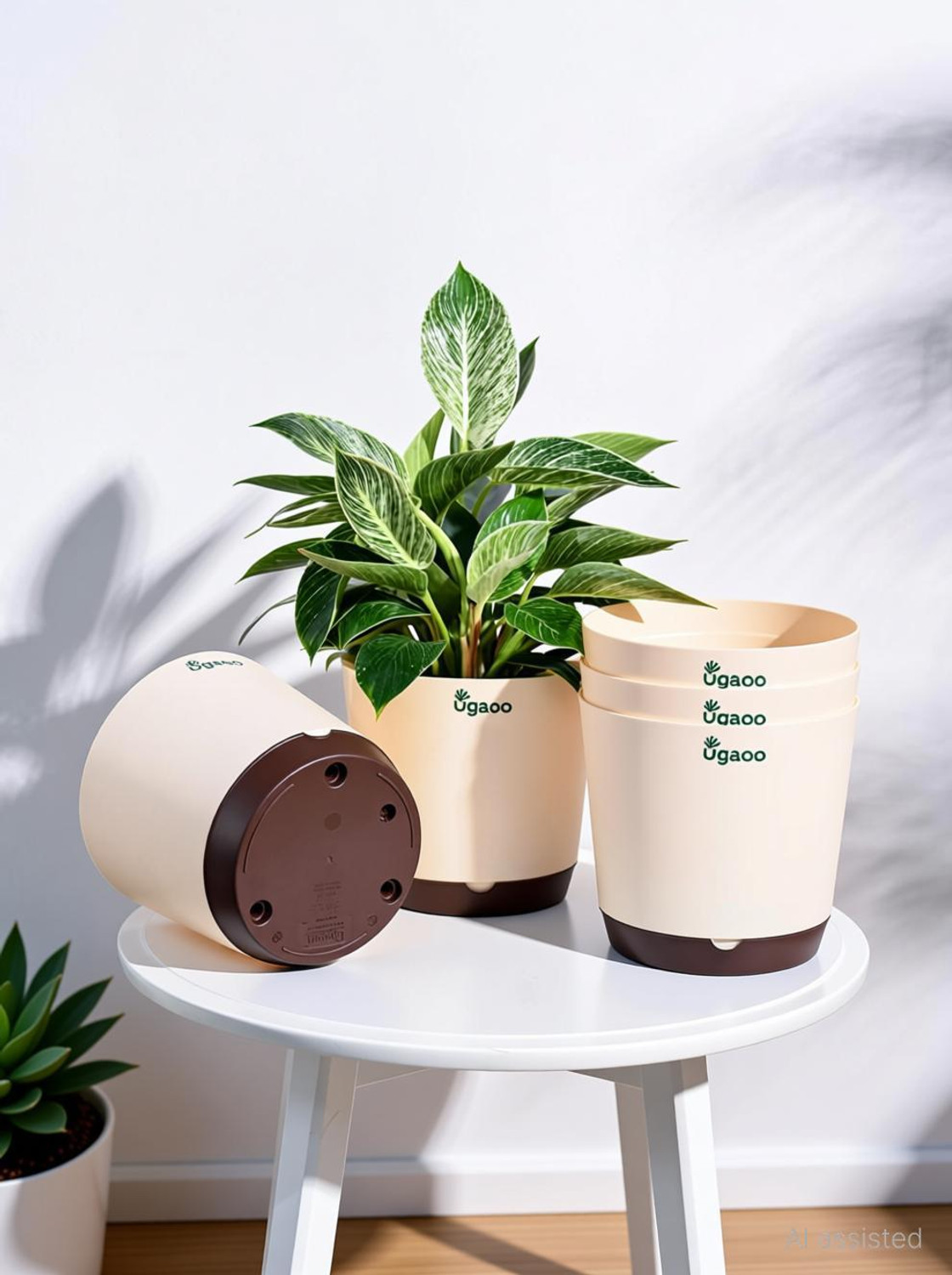 Image of UGAOO Krish Ivory Self Watering Pot - 7.5 Inch, Round, Set of 5 Plant Container Set