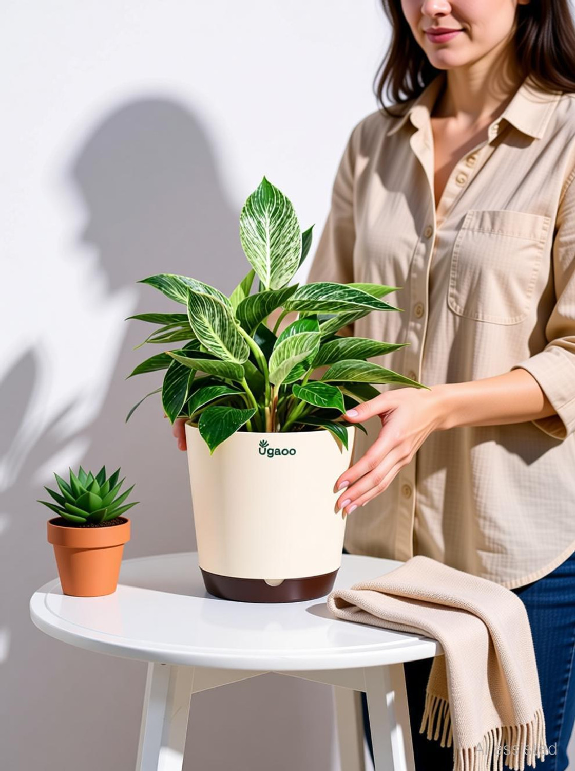 Image of UGAOO Krish Ivory Self Watering Pot - 7.5 Inch, Round, Set of 5 Plant Container Set