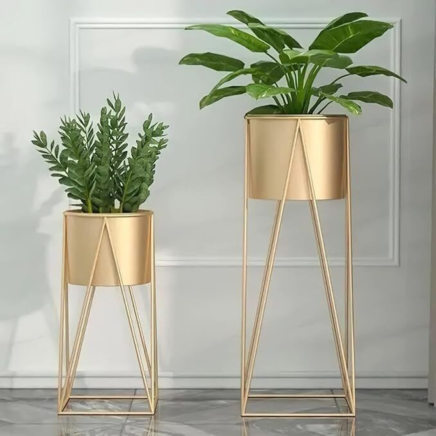 Image of IndiaCraftHouse Set of 2 Plant Pot Stands with Matching Pots Plant Container Set