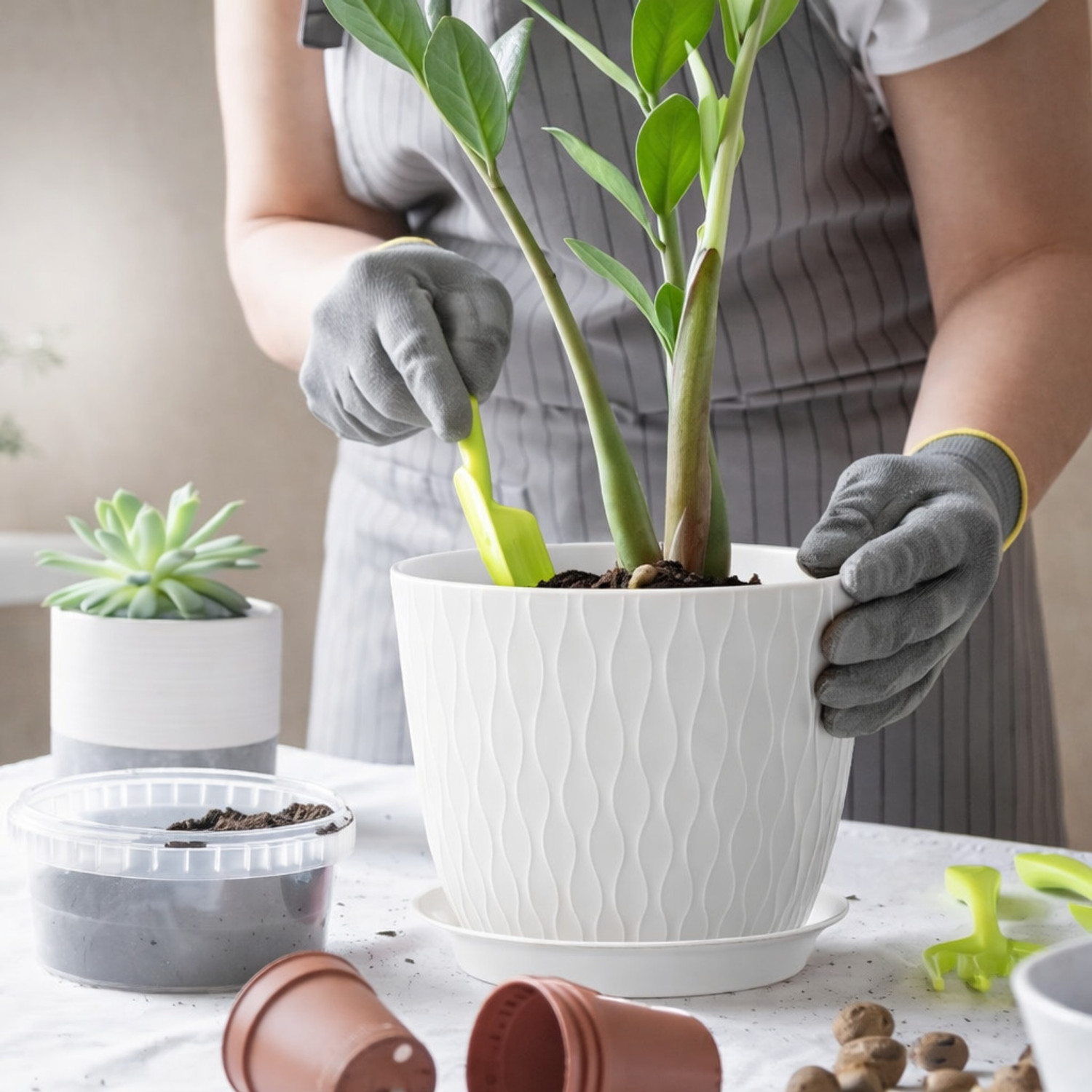 Image of NIVZO Unique Wave Design White 7 Inch Plastic Flower Pot with Tray & Drainage (White) Plant Container Set