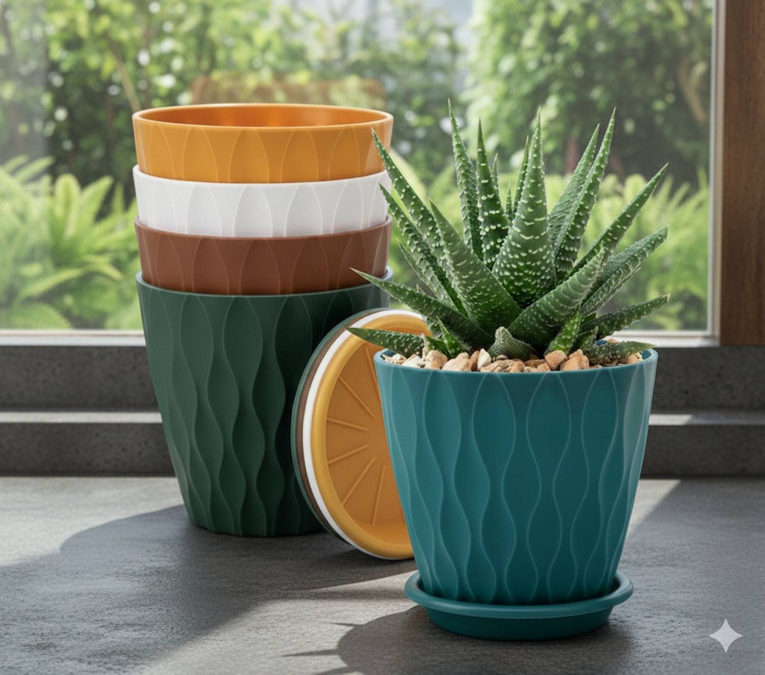 Athrvaplants Round Plastic Flower Pot Set | Pack of 5 | 6.5 Inch | With Tray Plant Container Set