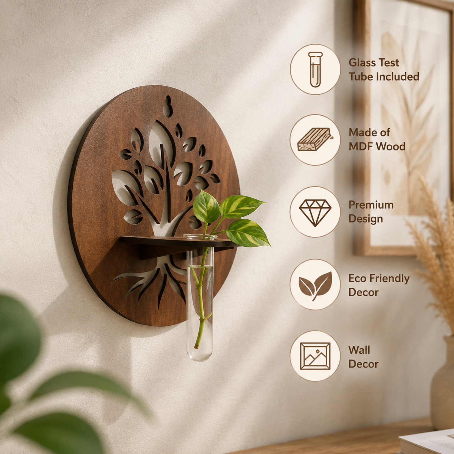 Image of Abhi Creation Wooden Test Tube Planter with Glass Test Tube Eco Friendly Home Decor Pack of 1 Plant Container Set