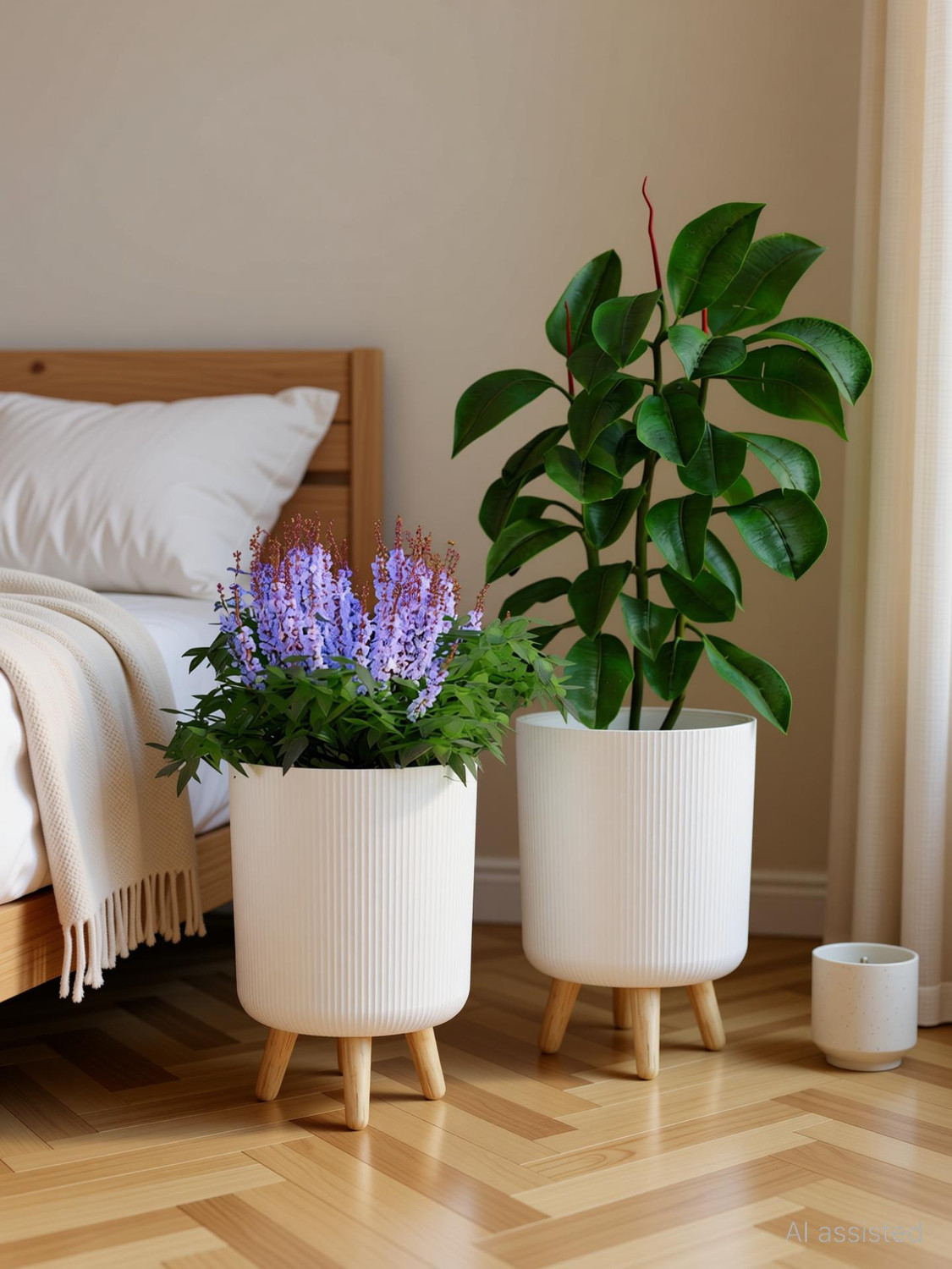 Image of Radhe Mart Pack of 2 Modern White Plastic Plant Pot with Wooden Legs, Plastic Vase