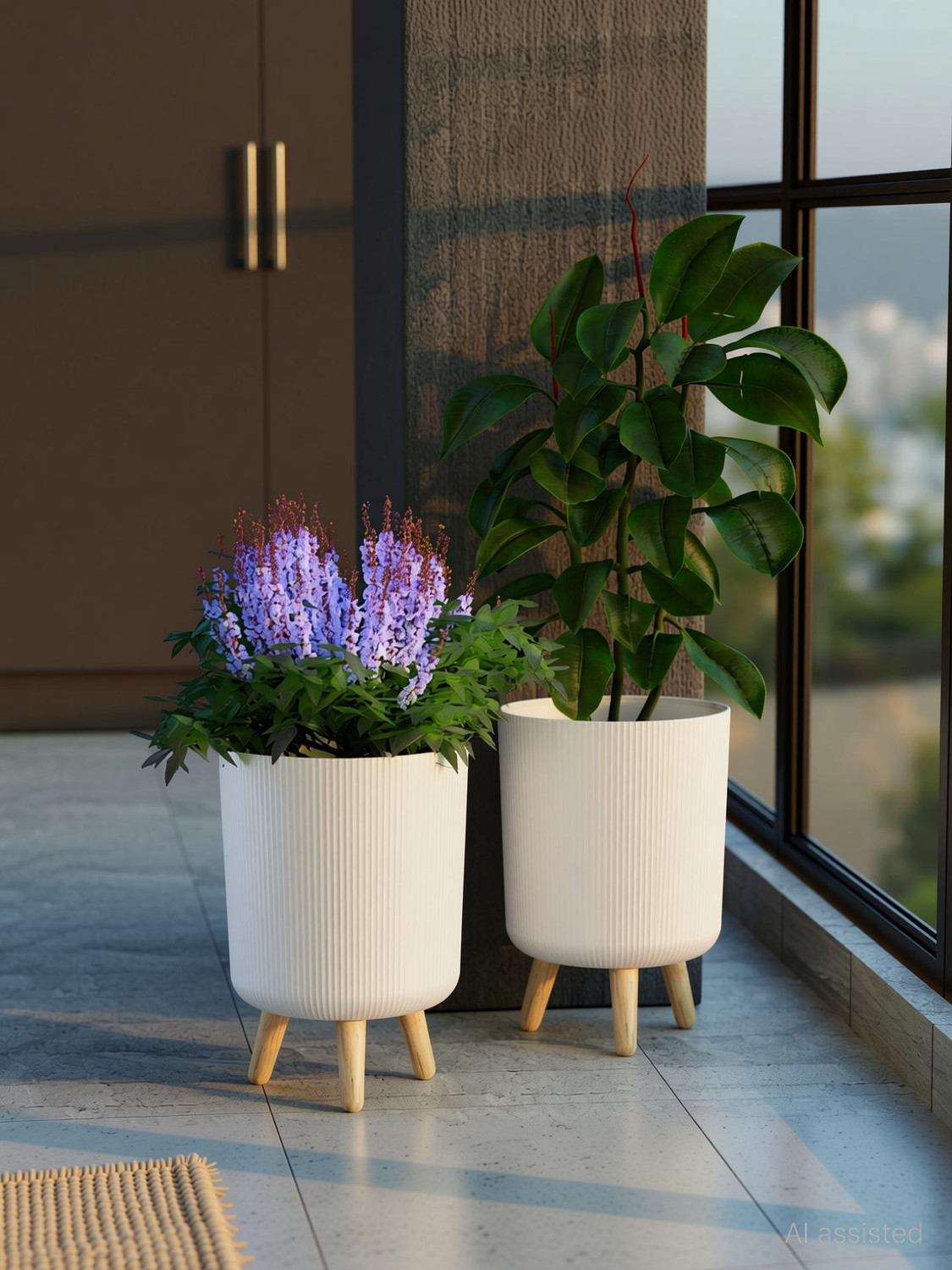 Image of Radhe Mart Pack of 2 Modern White Plastic Plant Pot with Wooden Legs, Plastic Vase