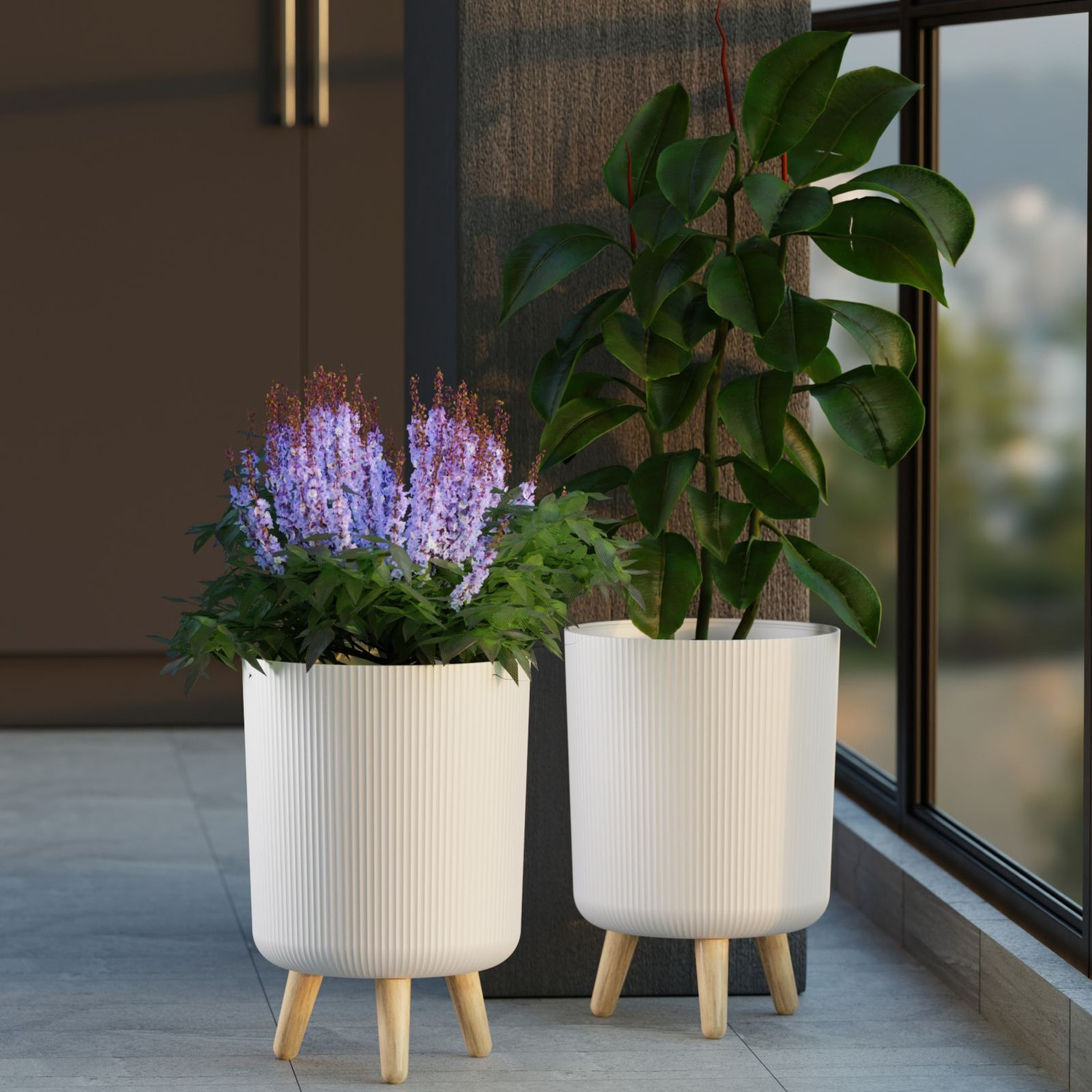 Image of Radhe Mart Pack of 2 Modern White Plastic Plant Pot with Wooden Legs, Plastic Vase