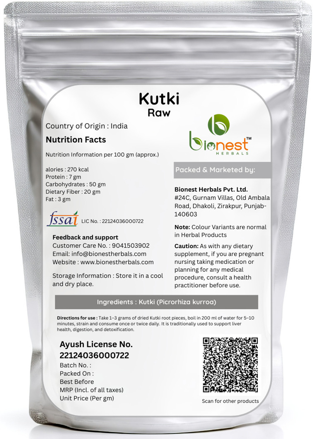 Image of Bionest Herbals Kutki (Raw) -250 g- Picrorhiza Kurroa / Katuki | Liver Health, Detox | Bitter Mixed Seeds