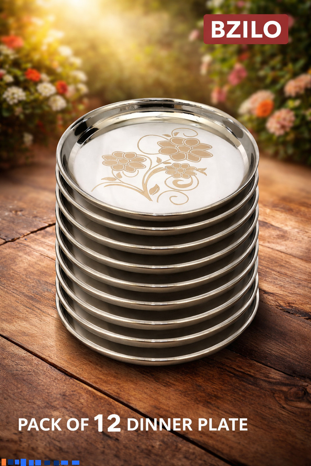 Image of BZILO Stainless Steel Dinner Plates Pack Of 12 with Laser Designer Dinner Plate G27 Dinner Plate