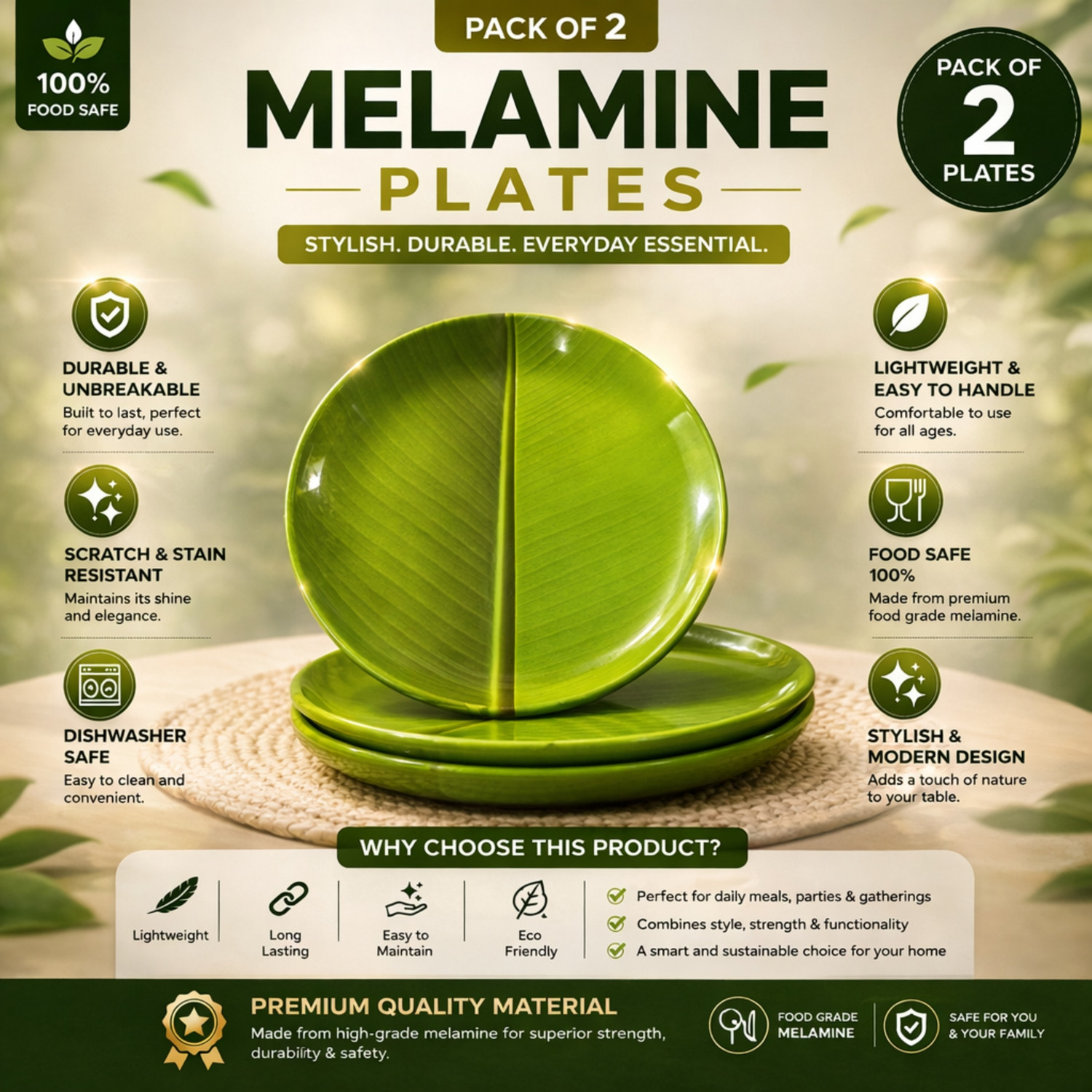 Image of Noman Melamine Banana Leaf Design Dinner Plate 11 Inch, Green Dinner Plate