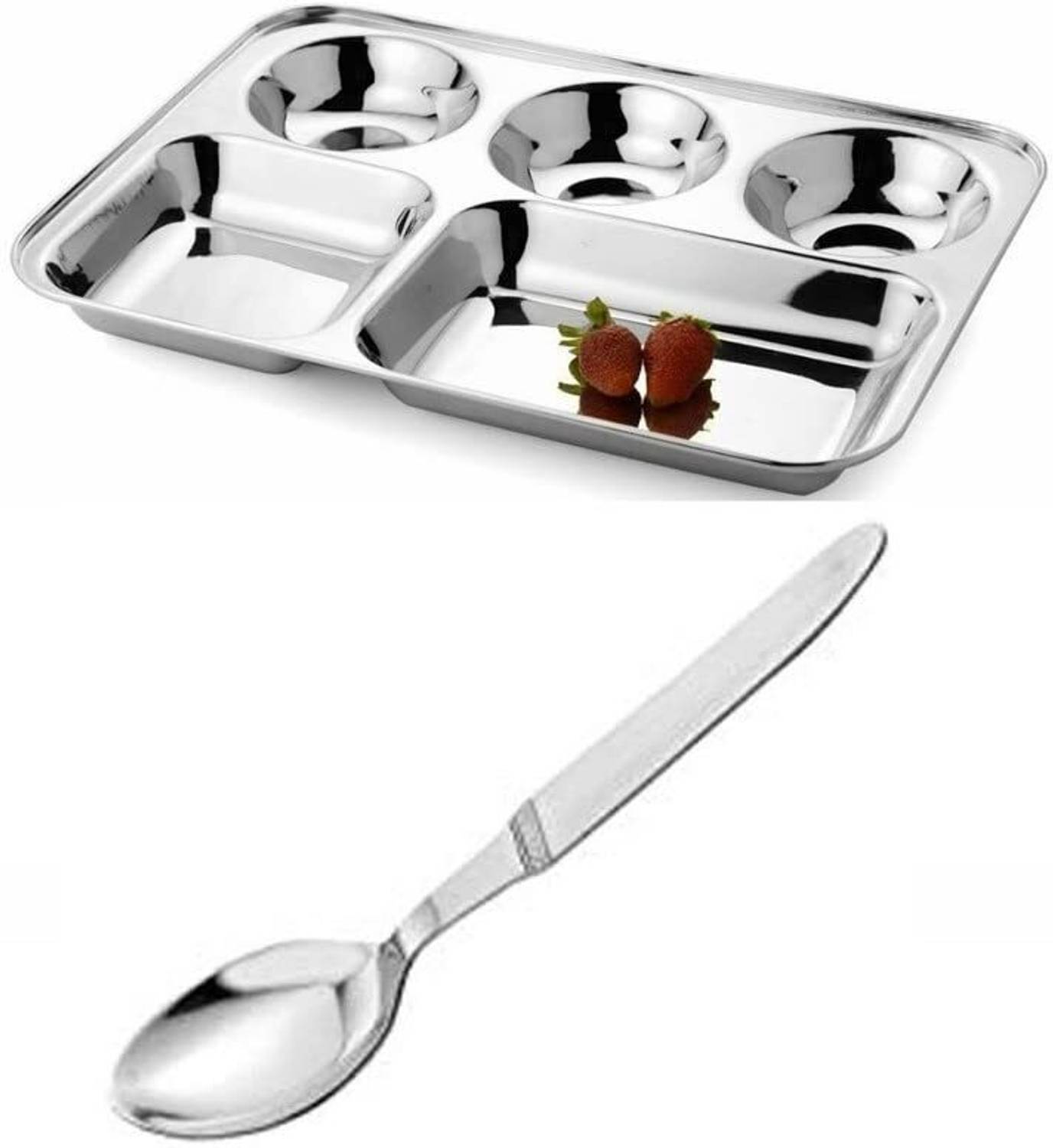 BGT Stainless Steel 5in1 Compartment Plate/ Partition Plate/ Bhojan Thali with Spoon Sectioned Plate