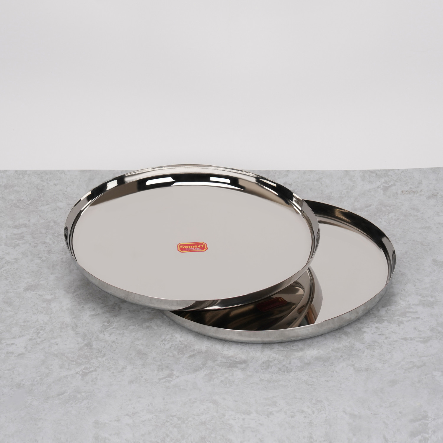 Image of Sumeet Stainless-Steel Apple Shape Heavy Gauge Dinner Plates with Mirror Finish-34.6cm Dinner Plate