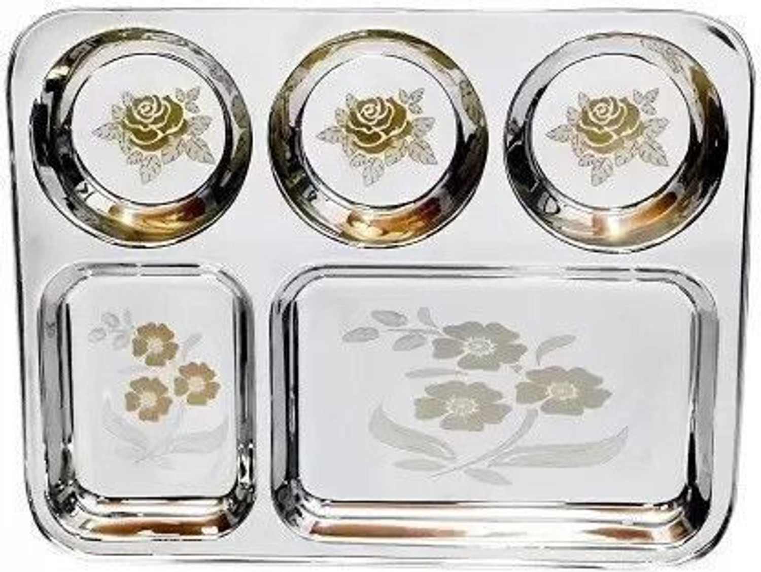 Image of MUKTIDAYA ENTERPRISES Stainless steel heavy duty laser print bhojan thali 5x1 Pack of -1 Sectioned Plate