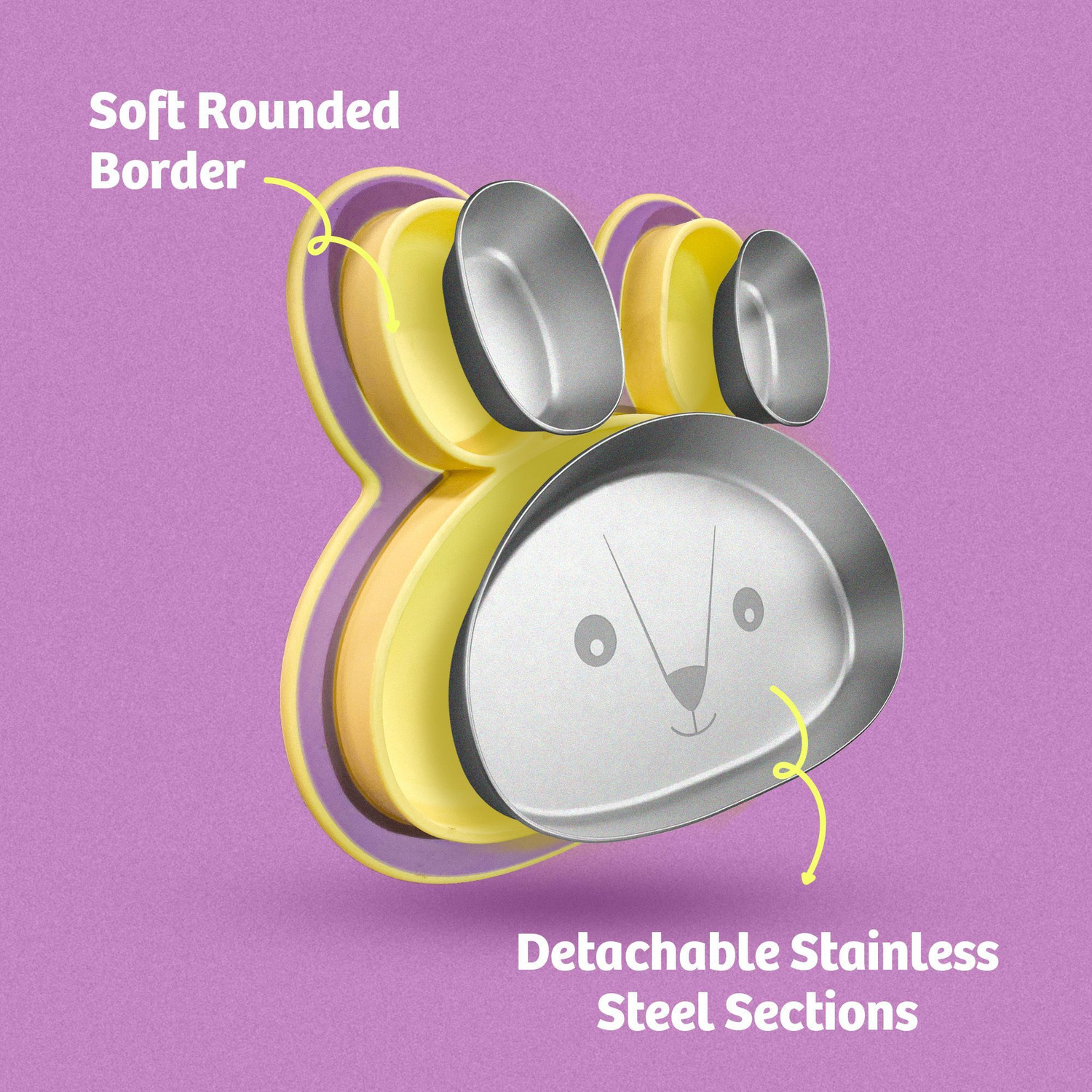Image of Rabitat Purple Hoppy Playte 3 Sections Anti Skid Stainless Steel Plate for kids Dinner Plate