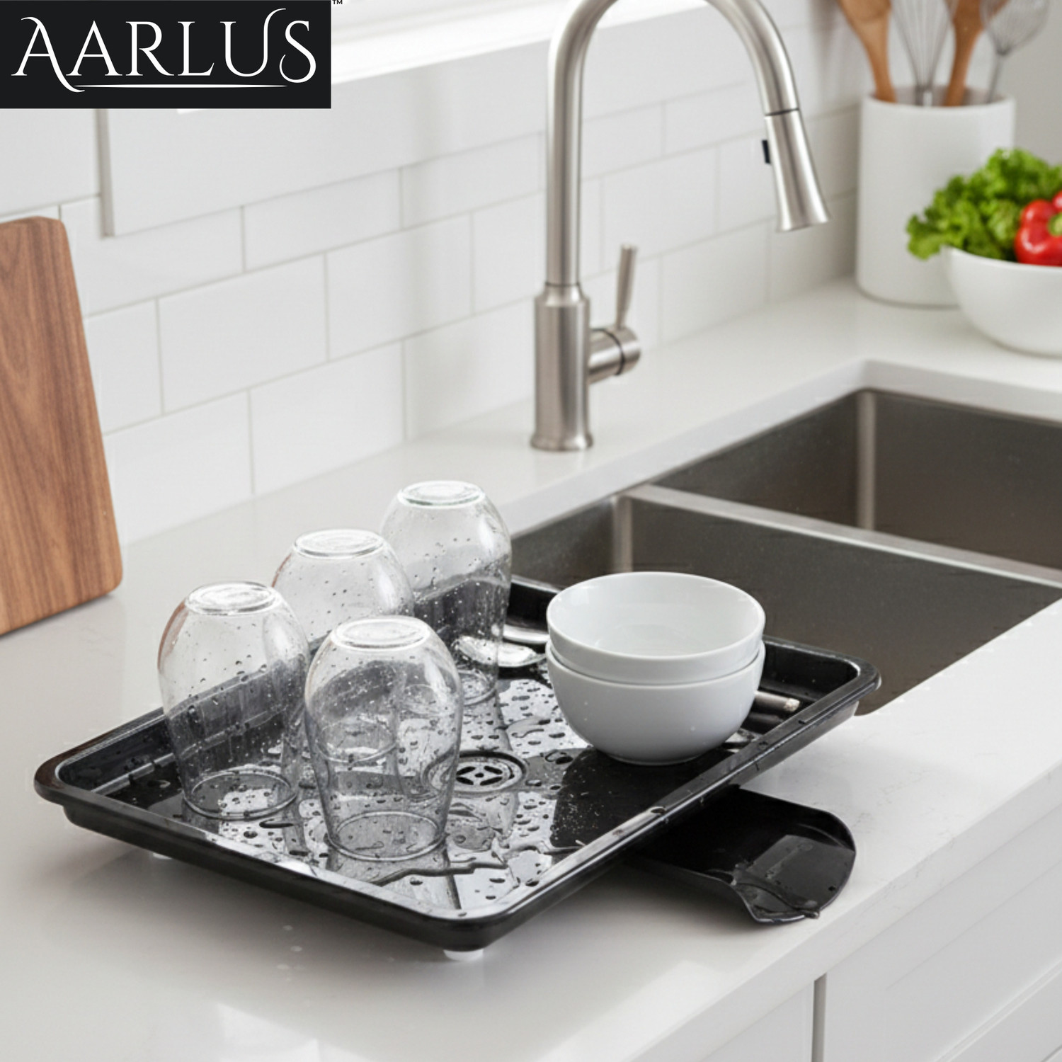 Image of Aarlus Dish Rack Water Drain Tray with Outlet | Kitchen Dish Drying Drainer Black Tray