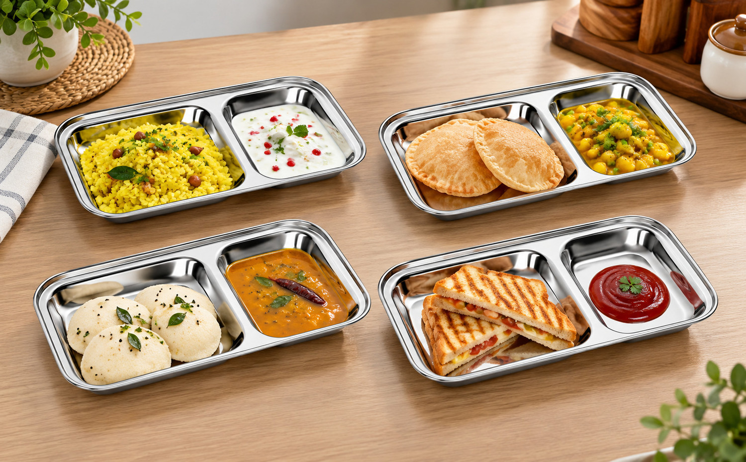 Image of Dynore Stainless Steel 2 IN 1 Two Compartment Nasta /Dinner Plate- Set of 4 Sectioned Plate (Pack of 4)