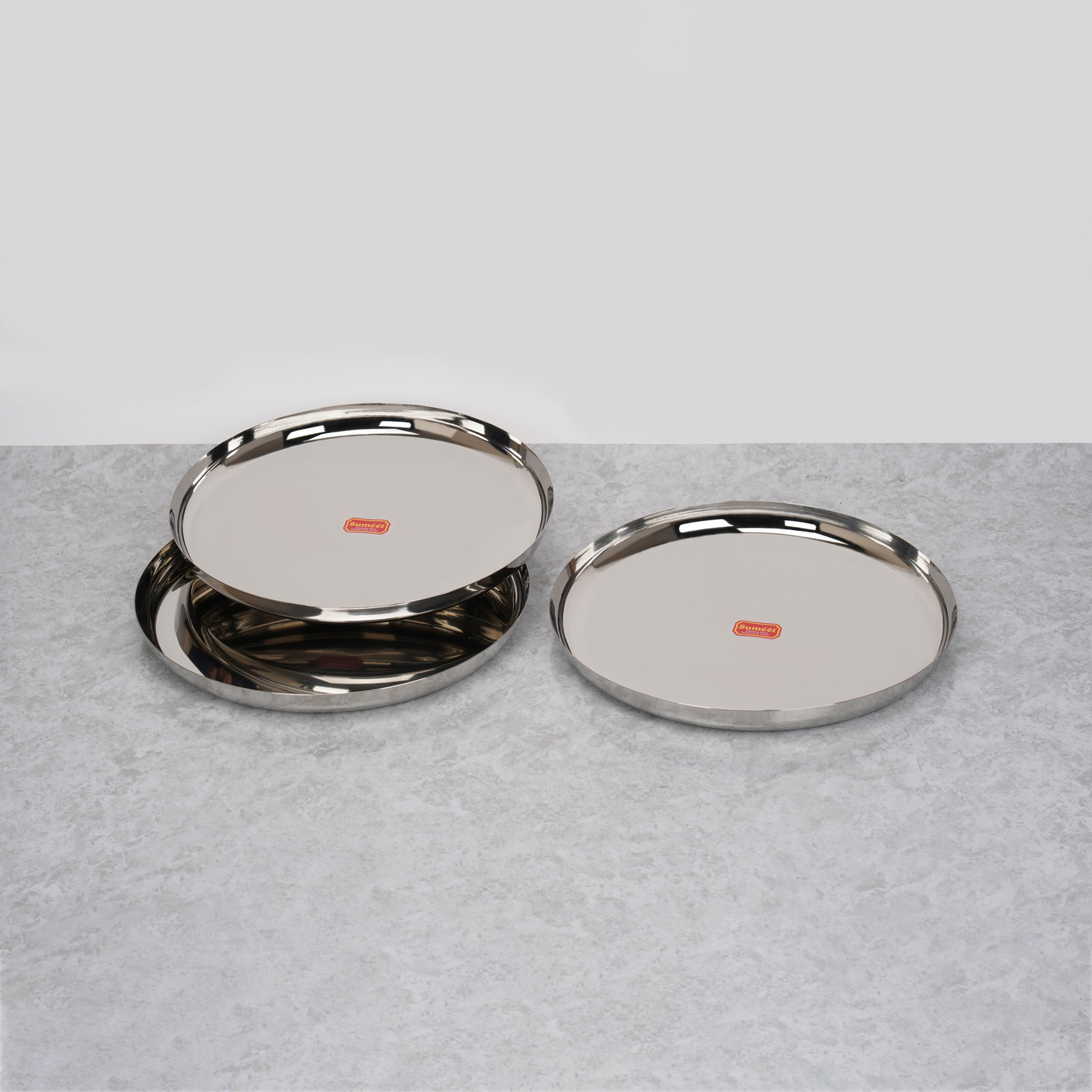 Image of Sumeet Stainless-Steel Apple Shape Heavy Gauge Dinner Plates with Mirror Finish-34.6cm Dinner Plate