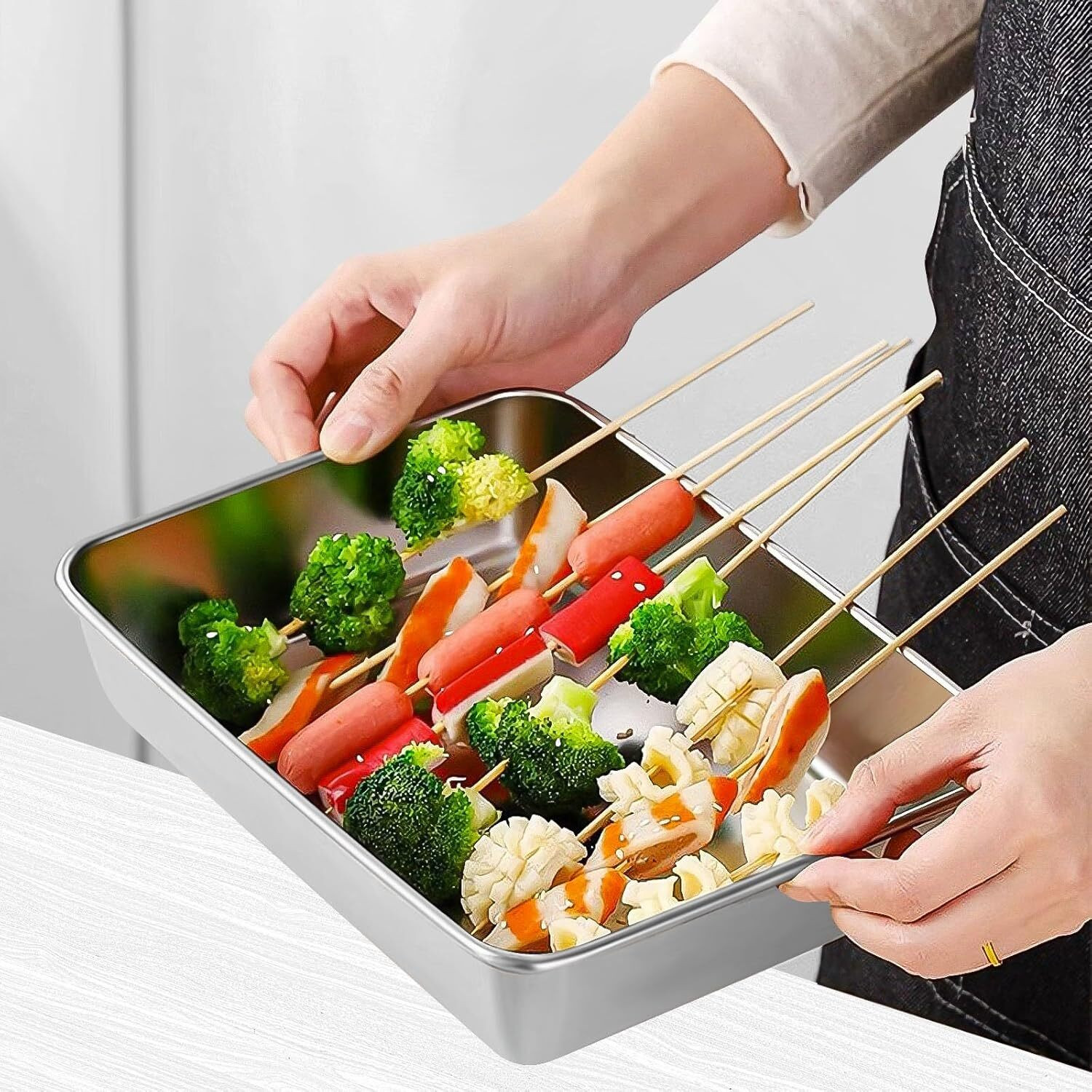 Image of FLIPXEN Stainless Steel Square Plate with Lid, Thickened Metal Dish Plate Baking Dish