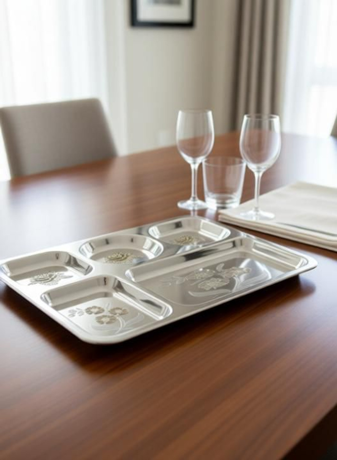 Image of MUKTIDAYA ENTERPRISES Stainless steel heavy duty laser print bhojan thali 5x1 Pack of -1 Sectioned Plate