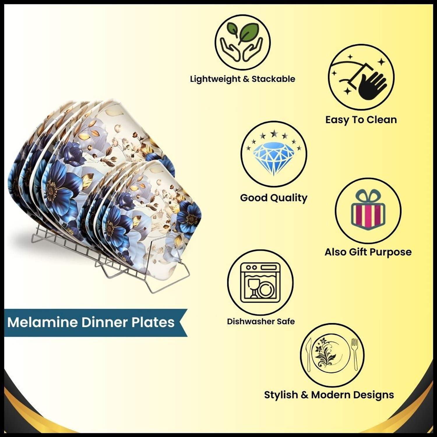 Image of Simply Serve 12-Piece (6 Full Plate & 6 Half Plate) Melamine Square Dinner Plates Dinner Plate (Pack of 12)