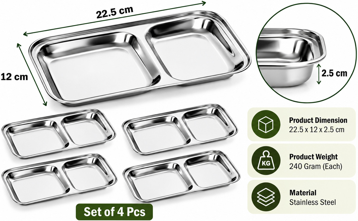 Image of Dynore Stainless Steel 2 IN 1 Two Compartment Nasta /Dinner Plate- Set of 4 Sectioned Plate (Pack of 4)
