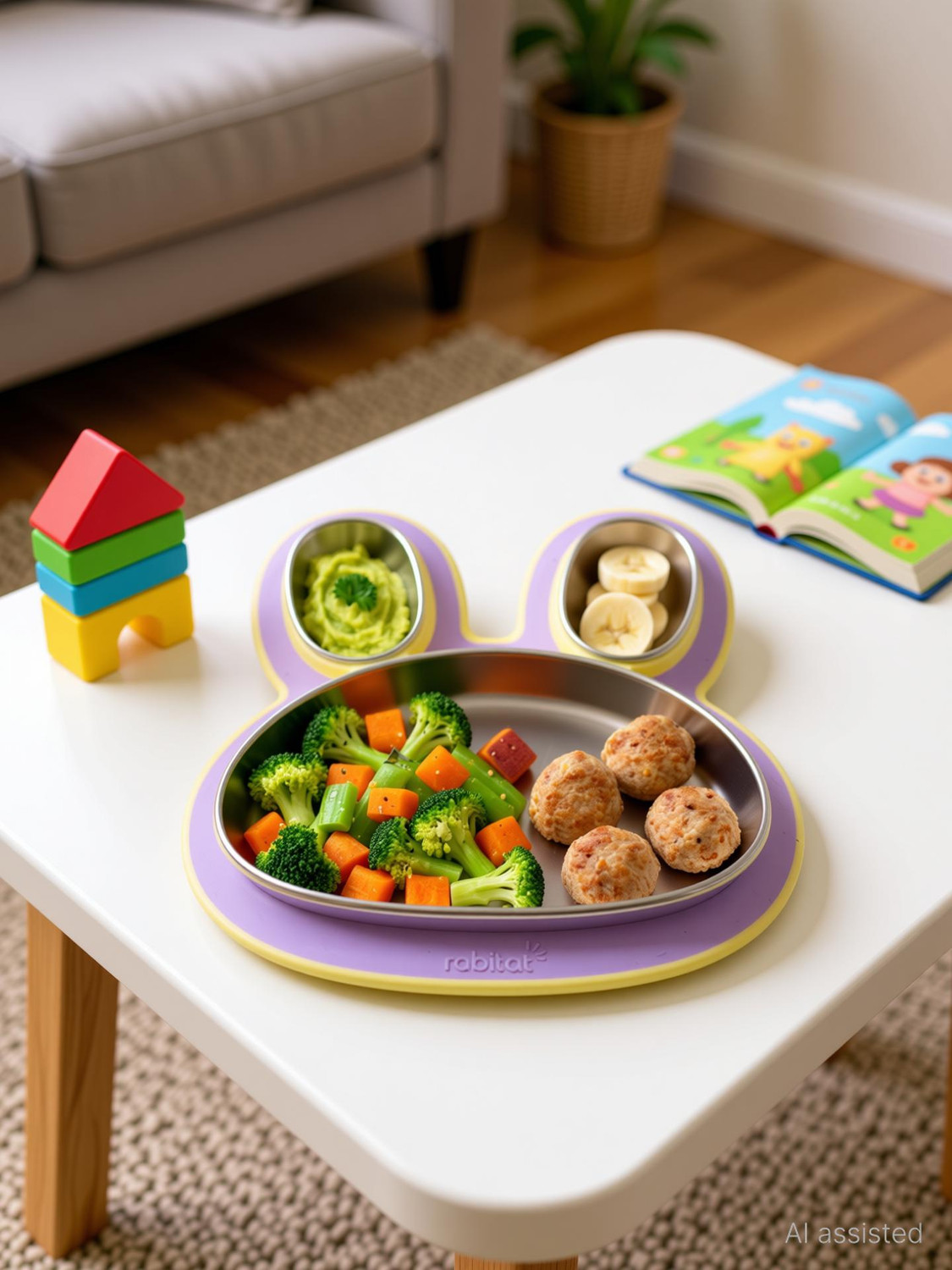 Image of Rabitat Purple Hoppy Playte 3 Sections Anti Skid Stainless Steel Plate for kids Dinner Plate
