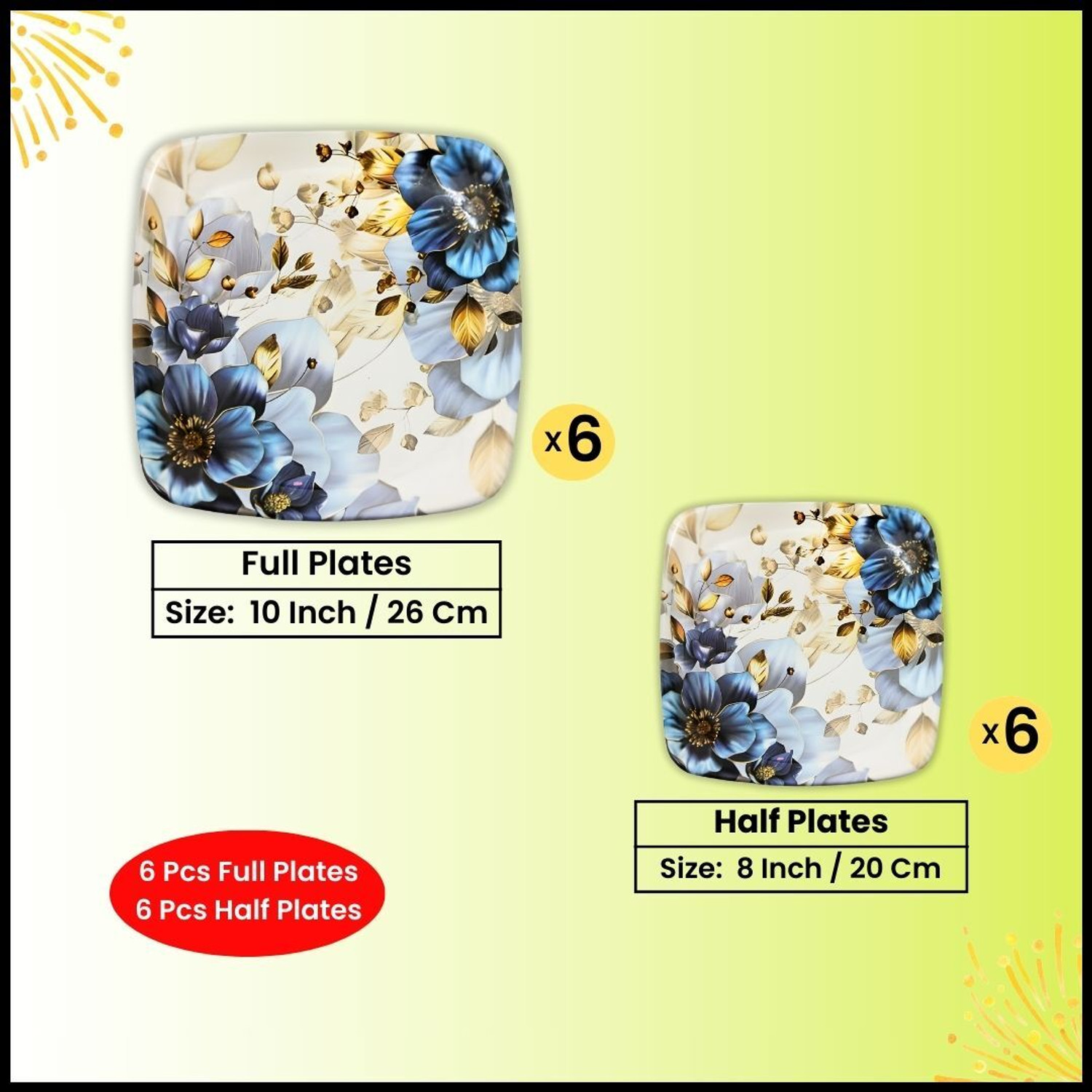 Image of Simply Serve 12-Piece (6 Full Plate & 6 Half Plate) Melamine Square Dinner Plates Dinner Plate (Pack of 12)