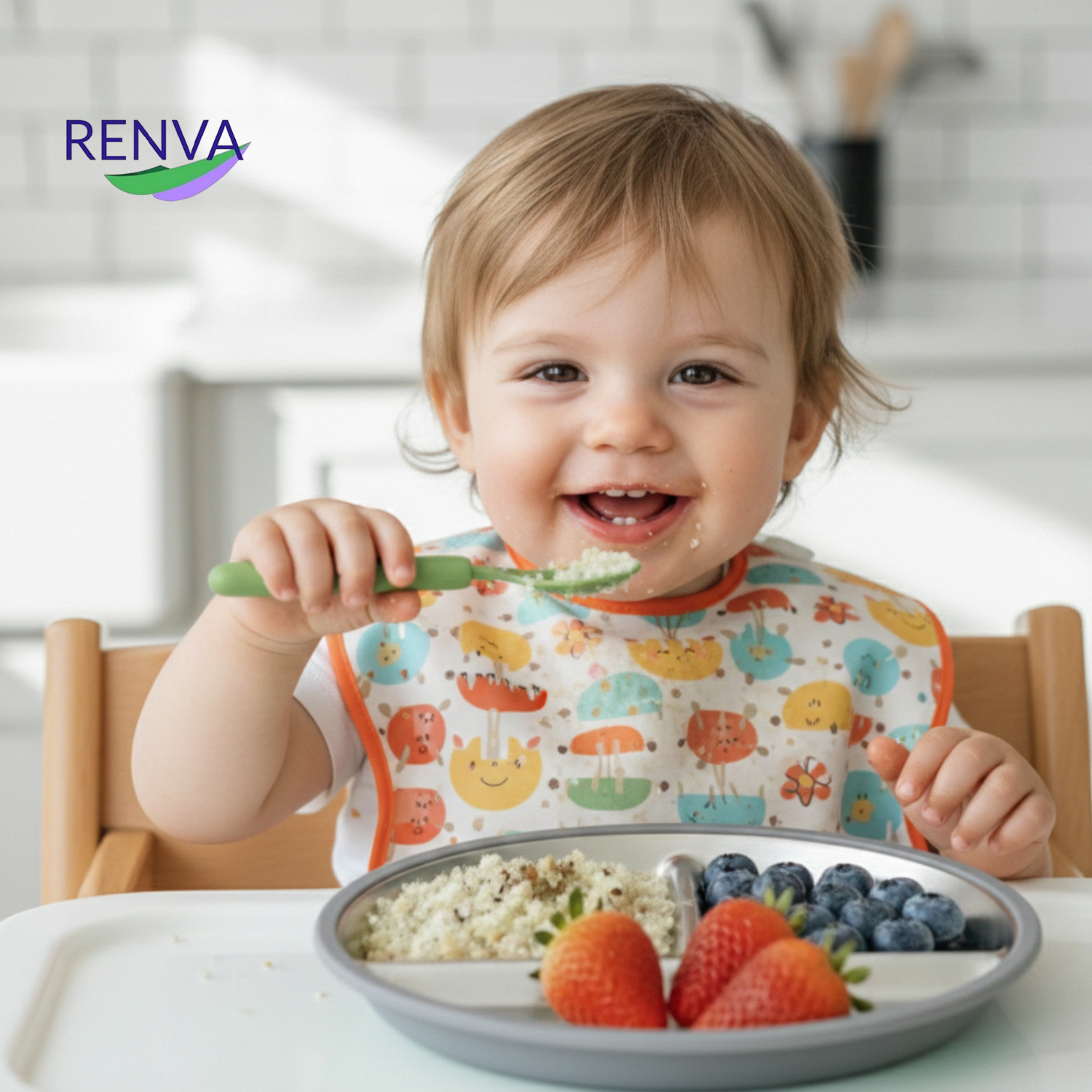 Image of RENVA Divided Toddler Plates with Removable Silicone,Stainless Steel Kids Plate with Sectioned Plate