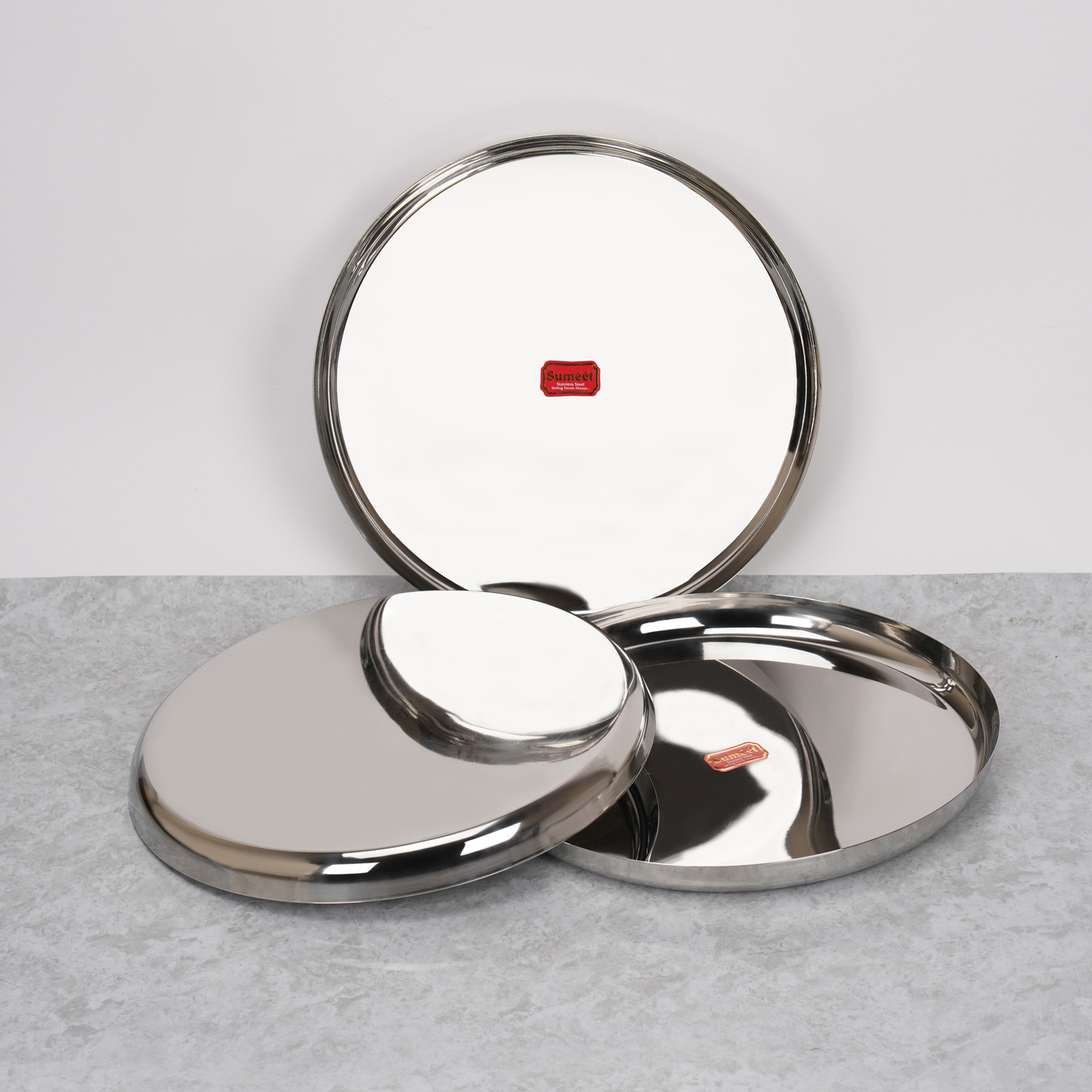 Image of Sumeet Stainless-Steel Apple Shape Heavy Gauge Dinner Plates with Mirror Finish-34.6cm Dinner Plate