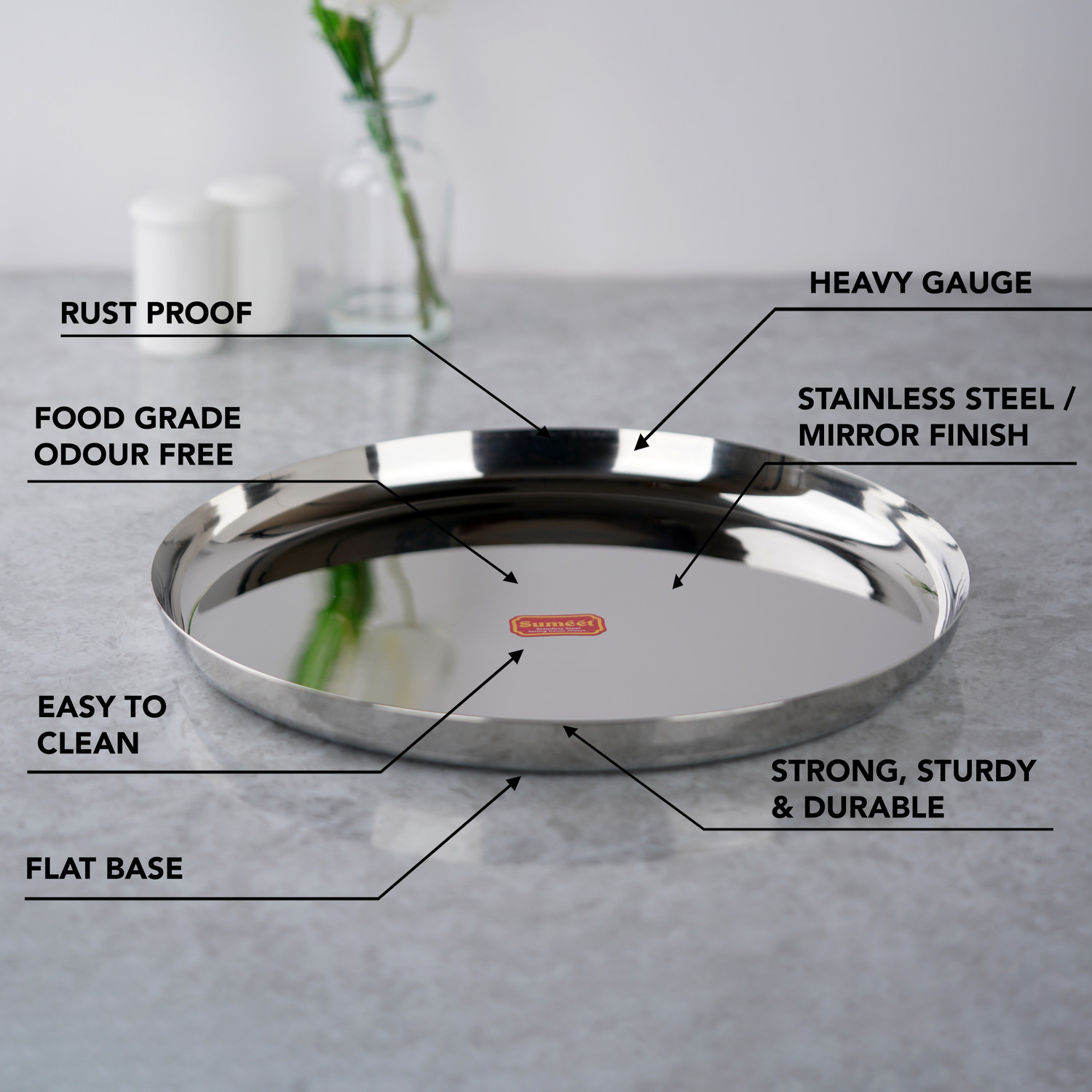 Image of Sumeet Stainless-Steel Apple Shape Heavy Gauge Dinner Plates with Mirror Finish-34.6cm Dinner Plate