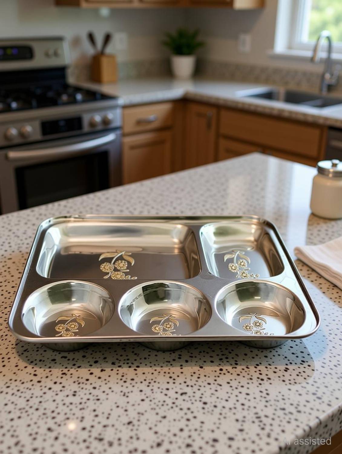 bartan hub Stainless Steel Laser Finished Extra Deep Bhaojan Thali Pack of 2 Bhojan Thali/Dinner Set /Lunch Plate ( Stainless Steel , Dishwasher Safe , Extra Deep , Heavy Weight , Dinner Plate) Sectioned Plate