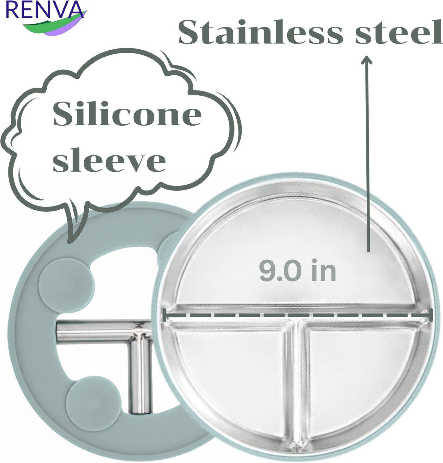 Image of RENVA Divided Toddler Plates with Removable Silicone,Stainless Steel Kids Plate with Sectioned Plate