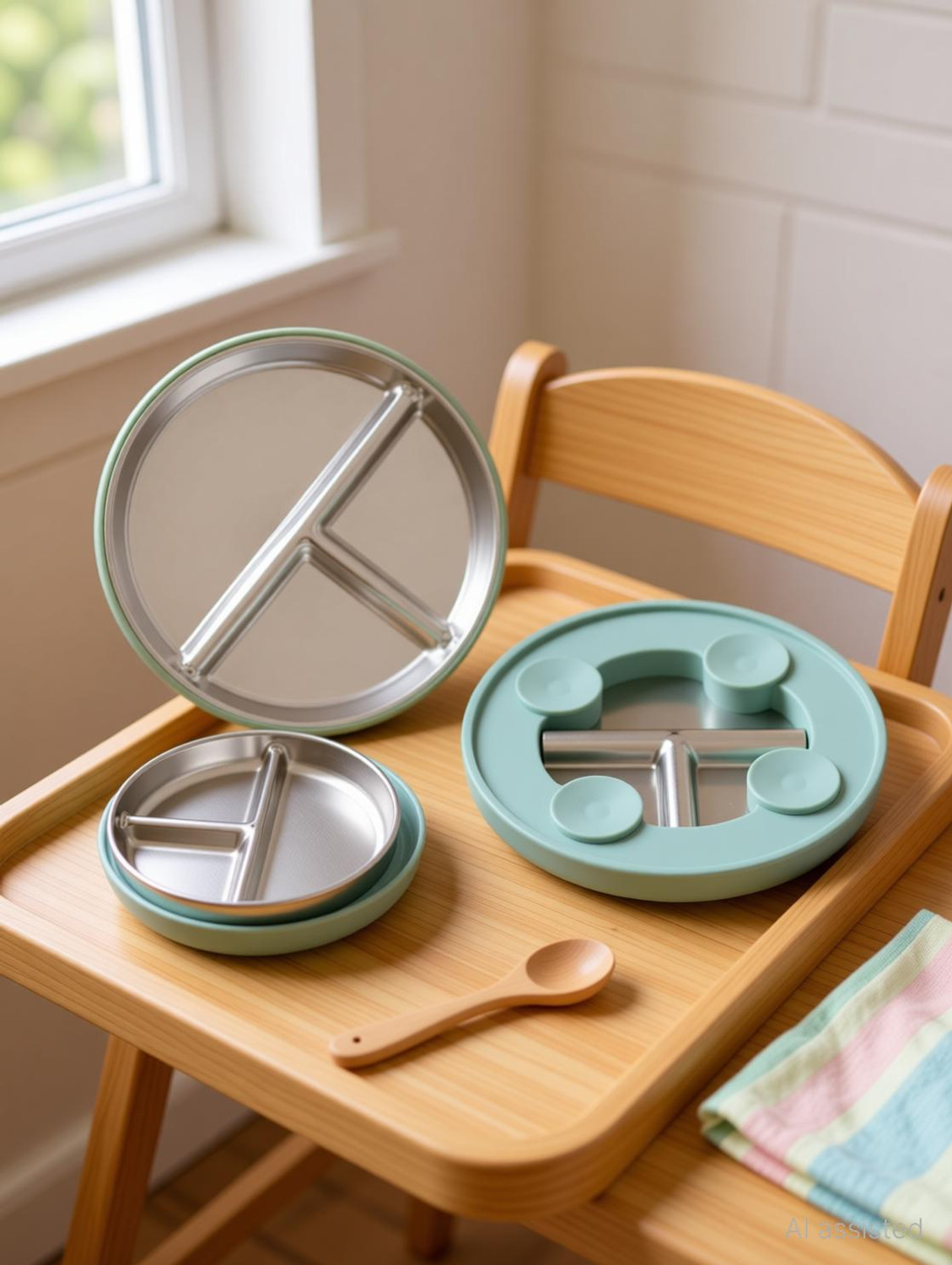 Image of RENVA Divided Toddler Plates with Removable Silicone,Stainless Steel Kids Plate with Sectioned Plate