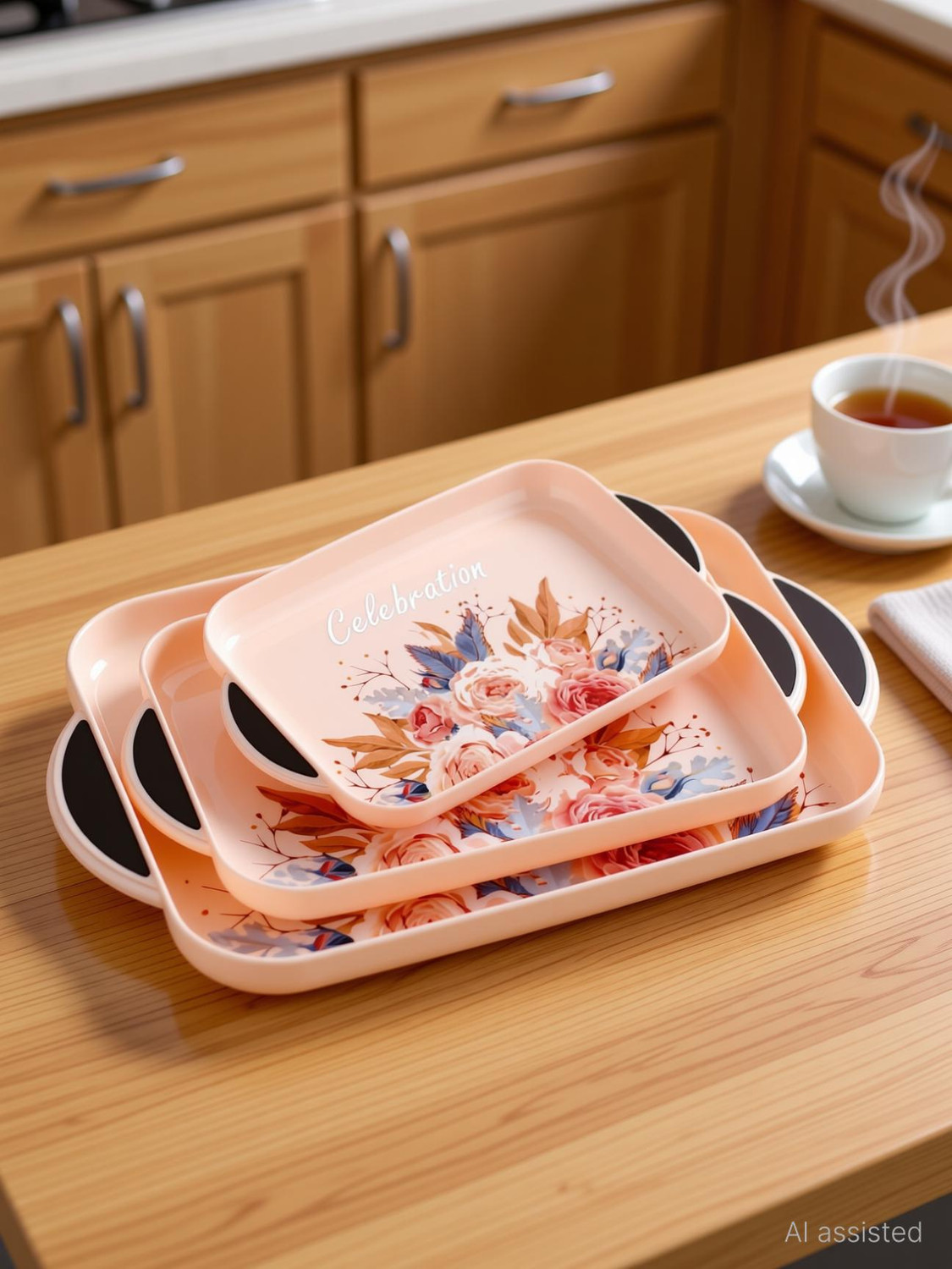 Image of anjil Premium Printed BPA Free Trays For Kitchen And Office Tray (Pack of 3, Microwave Safe)