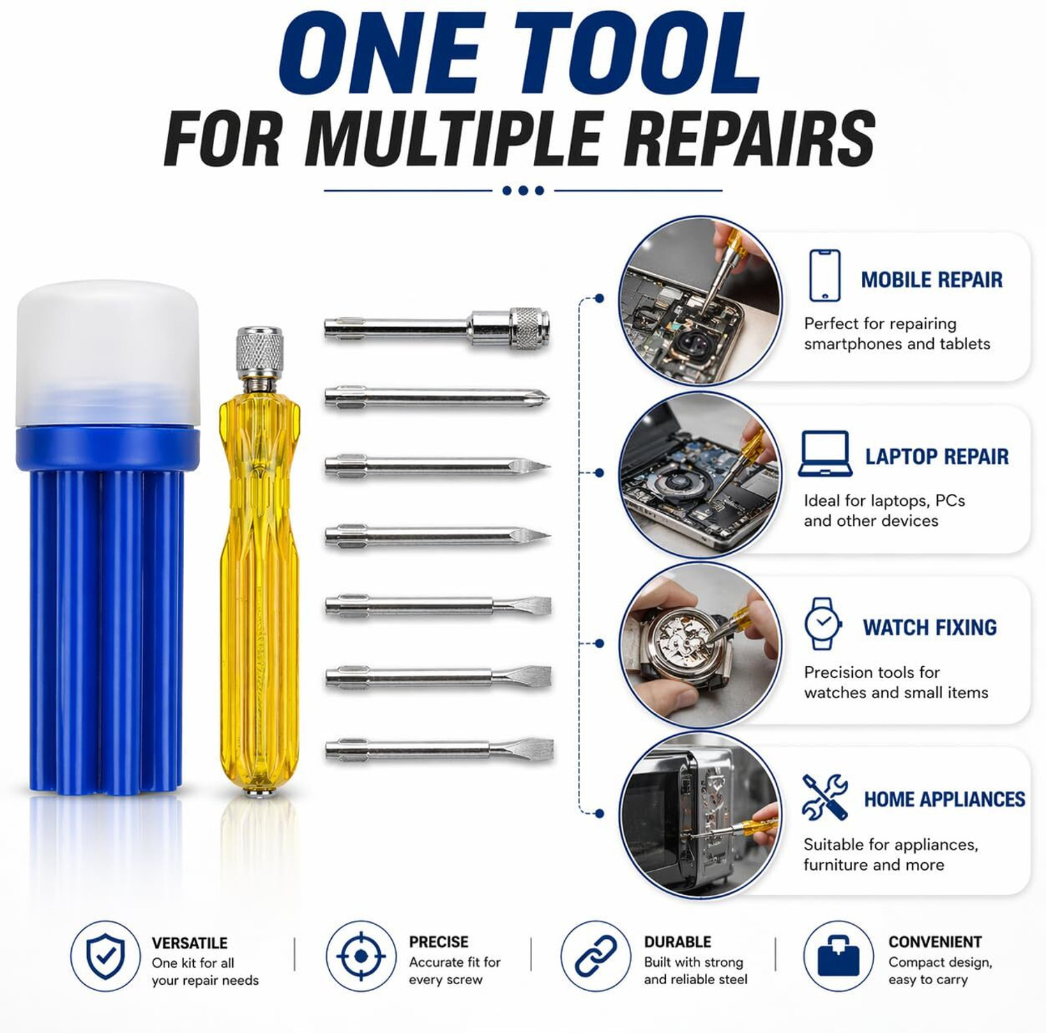 Image of Kshivi 8-in-1 Screw Driver Kit With 3 Flat Blades, 3 Phillips Head, 1 Round Poker Bar Combination Screwdriver Set