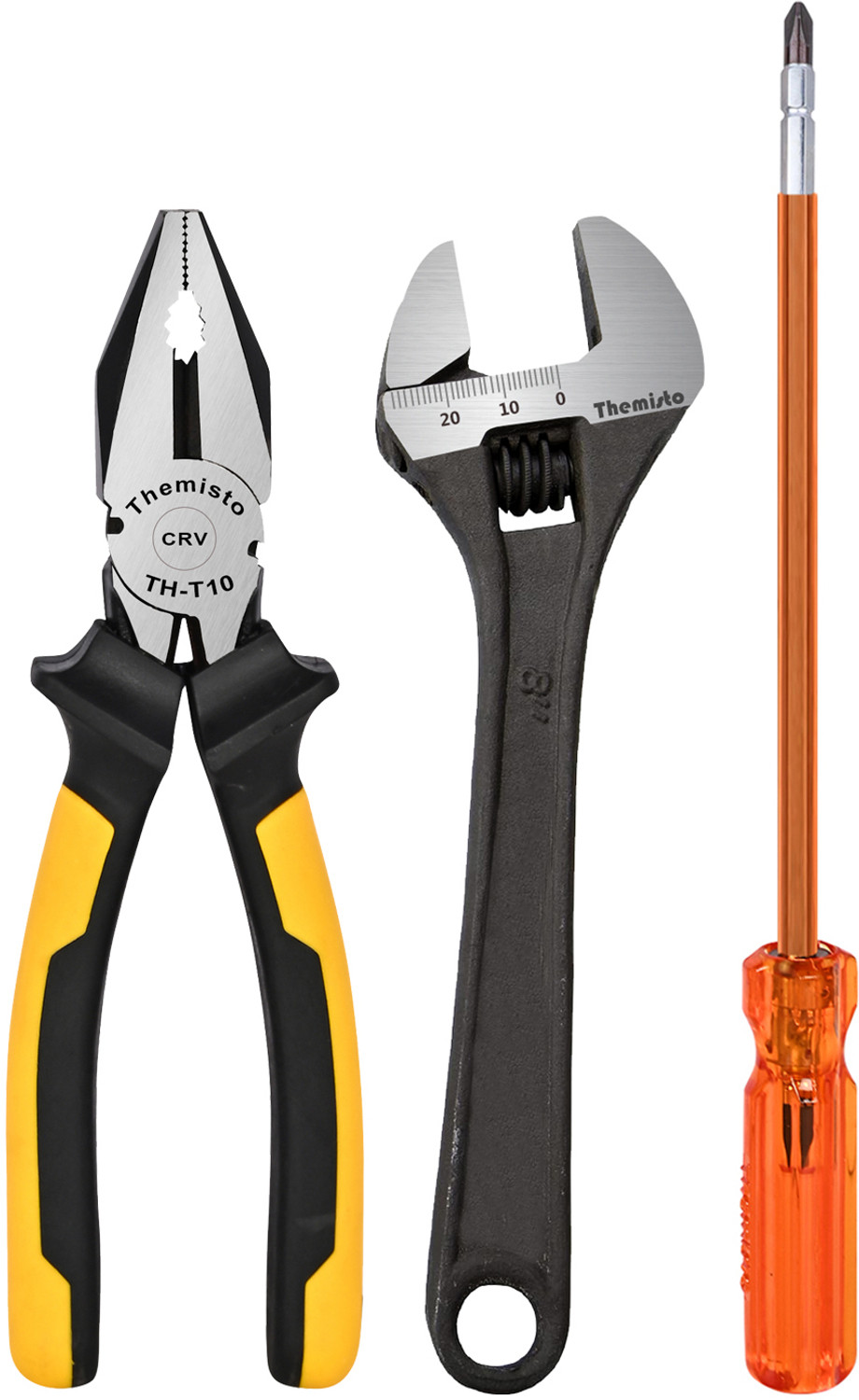 Image of tHemiStO TH-TK01 3IN1 Hand Tool Kit ( 8 inch Adjustable Wrench, 6 inch Hex Screwdriver & Lineman Plier