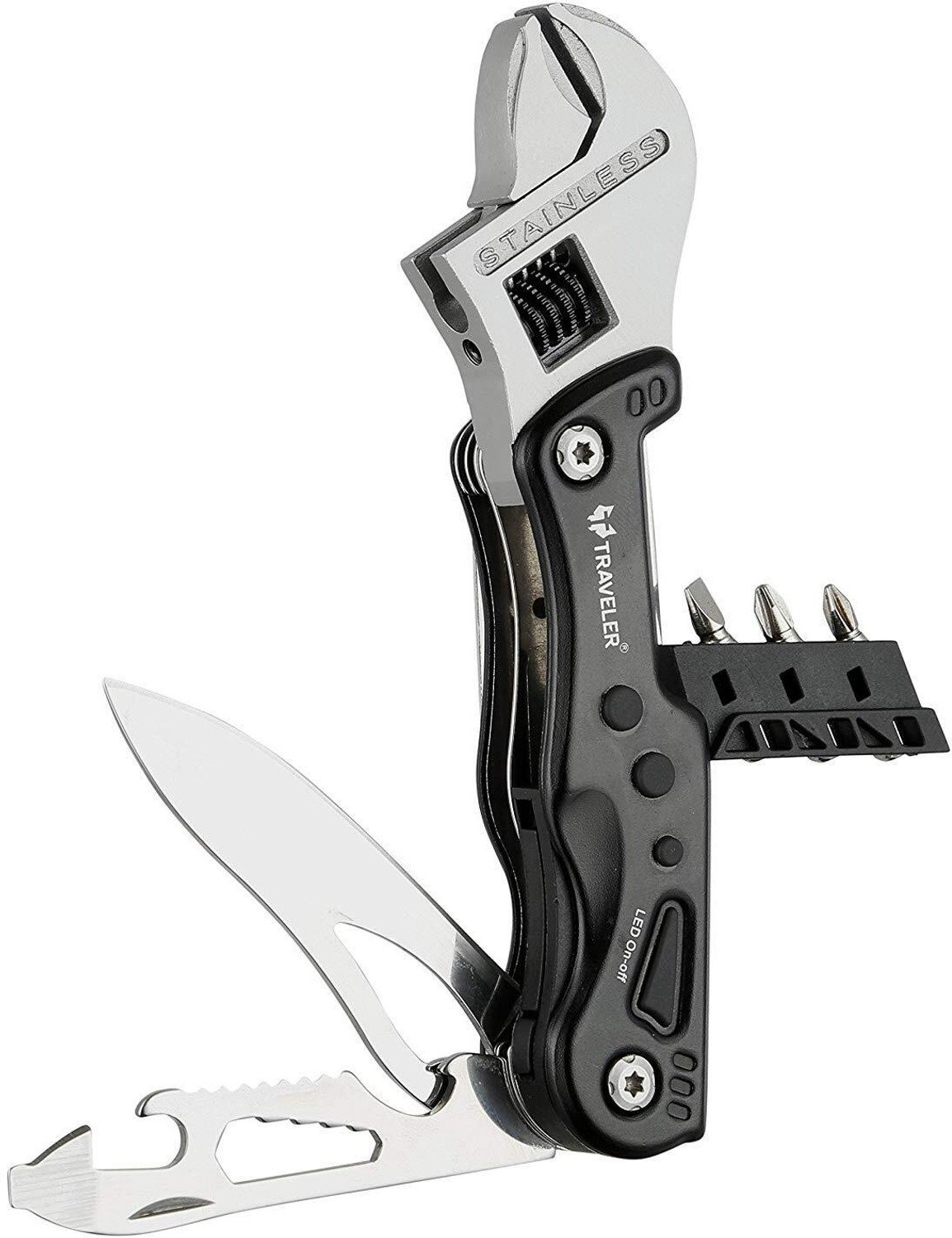 Image of JANCOM 9 In 1 Stainless Steel Multitool Adjustable Wrench with LED Light Lineman Plier