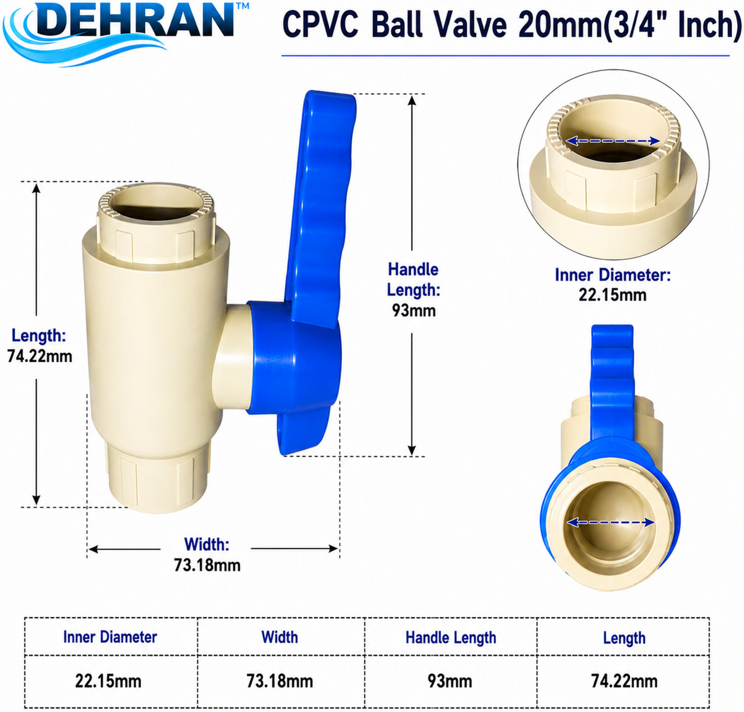 Image of DEHRAN CPVC Ball Valve 20mm(3 /4 Inch) Water Control Valve (Pack of 3) 20 mm Plumbing Pipe