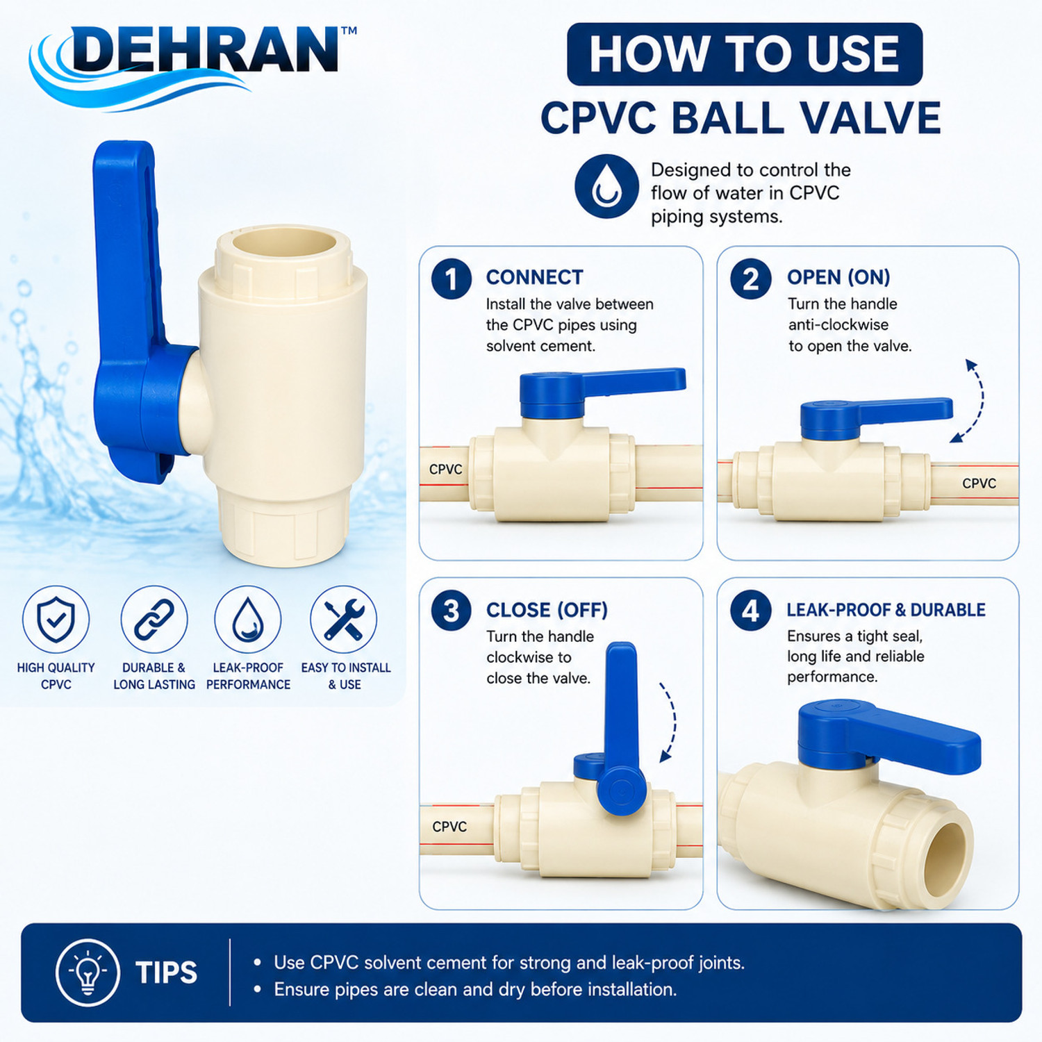 Image of DEHRAN CPVC Ball Valve 20mm(3 /4 Inch) Water Control Valve (Pack of 3) 20 mm Plumbing Pipe