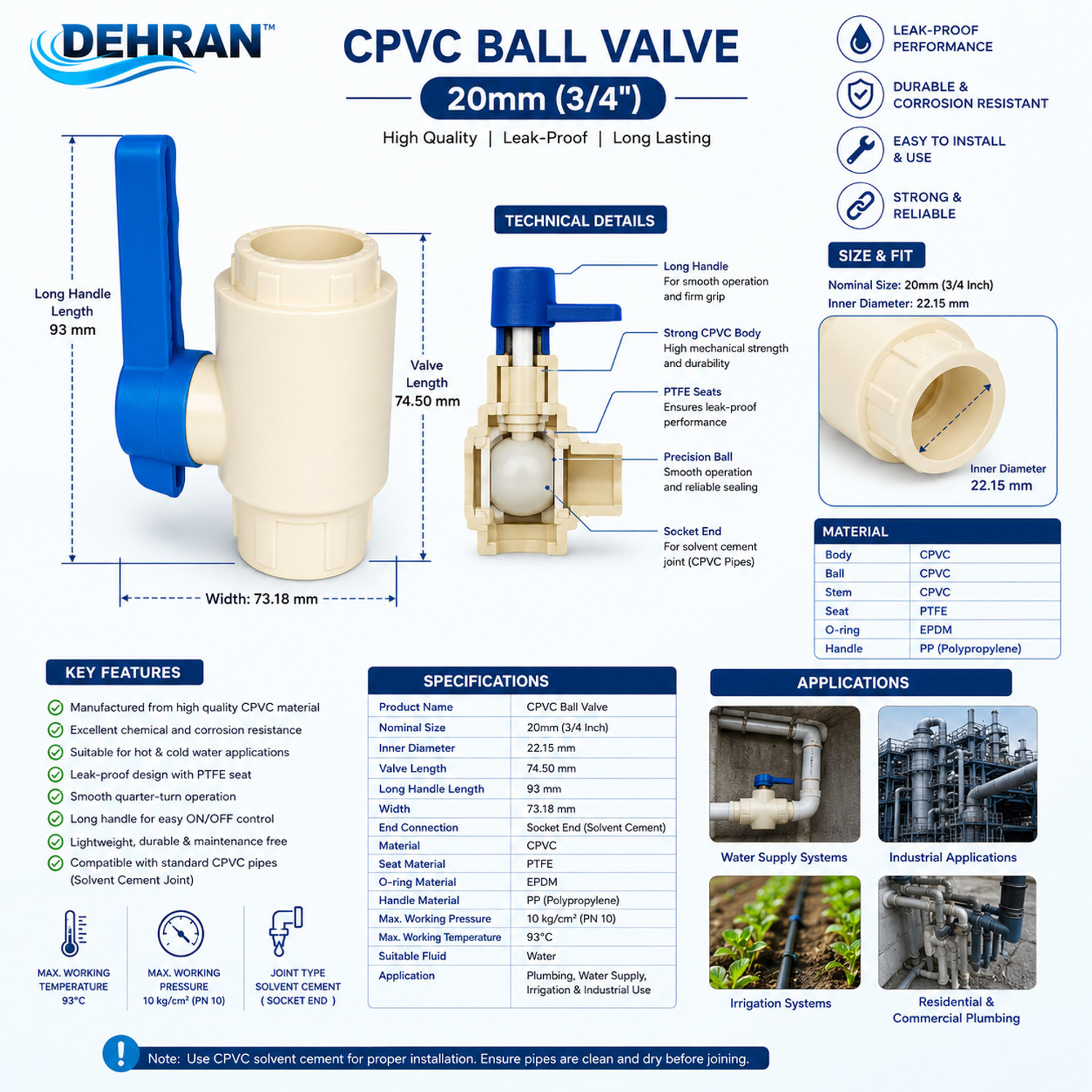 Image of DEHRAN CPVC Ball Valve 20mm(3 /4 Inch) Water Control Valve (Pack of 3) 20 mm Plumbing Pipe