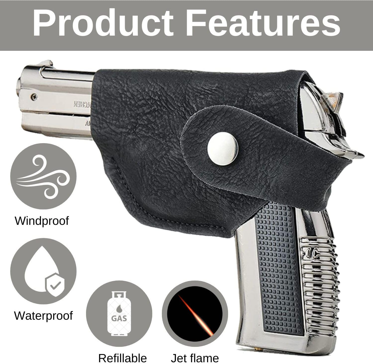 Image of BIKRIFY 608 Heavy Metal Pistol Shape Barrel Pull Back System & Leather Holster Gun lighter| Jet Flame | Stainless Steel Body Pocket Lighter